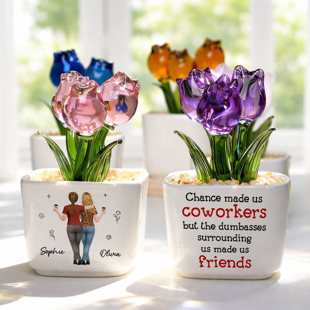 Custom Flower Keepsake, Glass Home Decor Gift for Best Friend • Chance Made Us Coworkers - Personalized Glass Everlasting Tulips