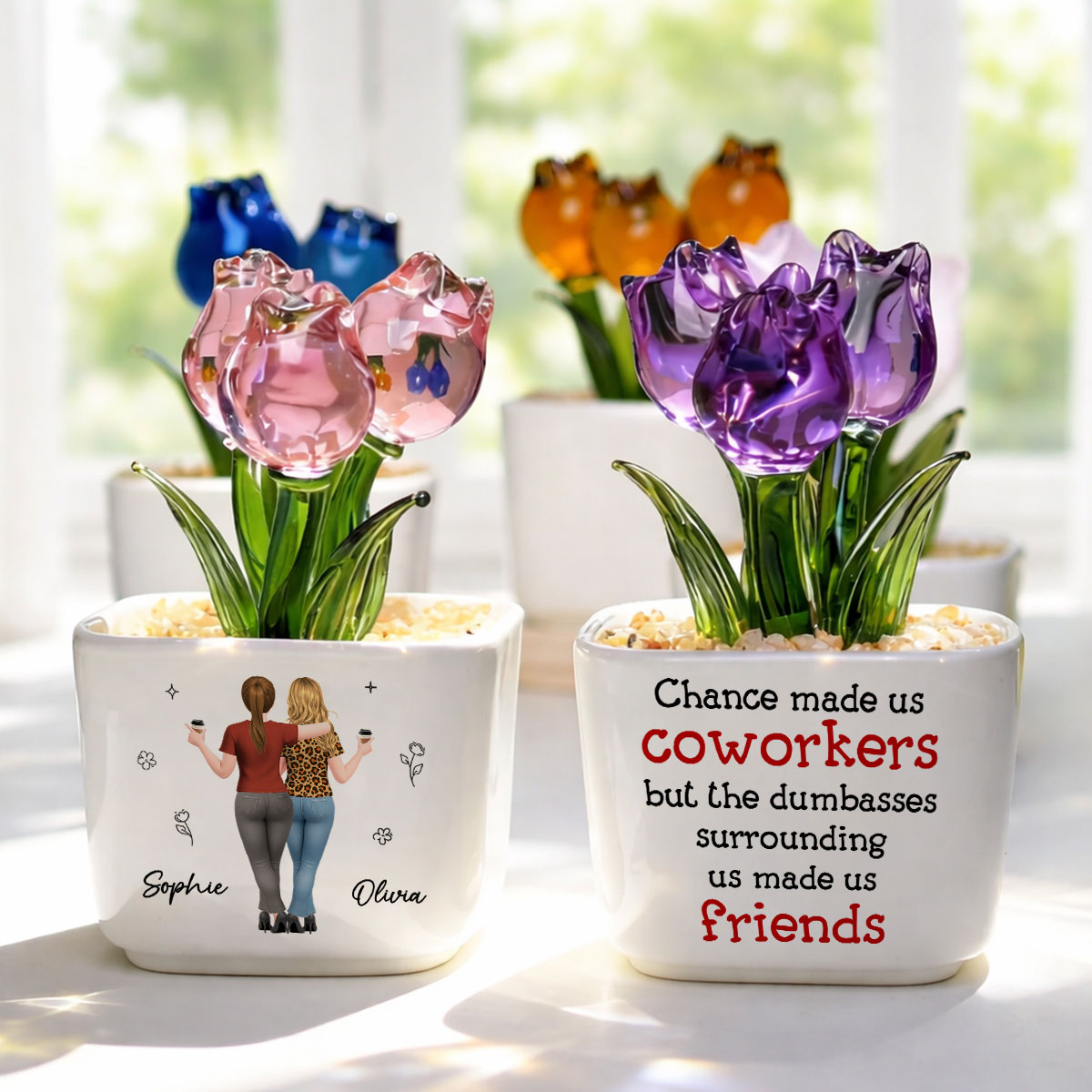 Custom Flower Keepsake, Glass Home Decor Gift for Best Friend • Chance Made Us Coworkers - Personalized Glass Everlasting Tulips