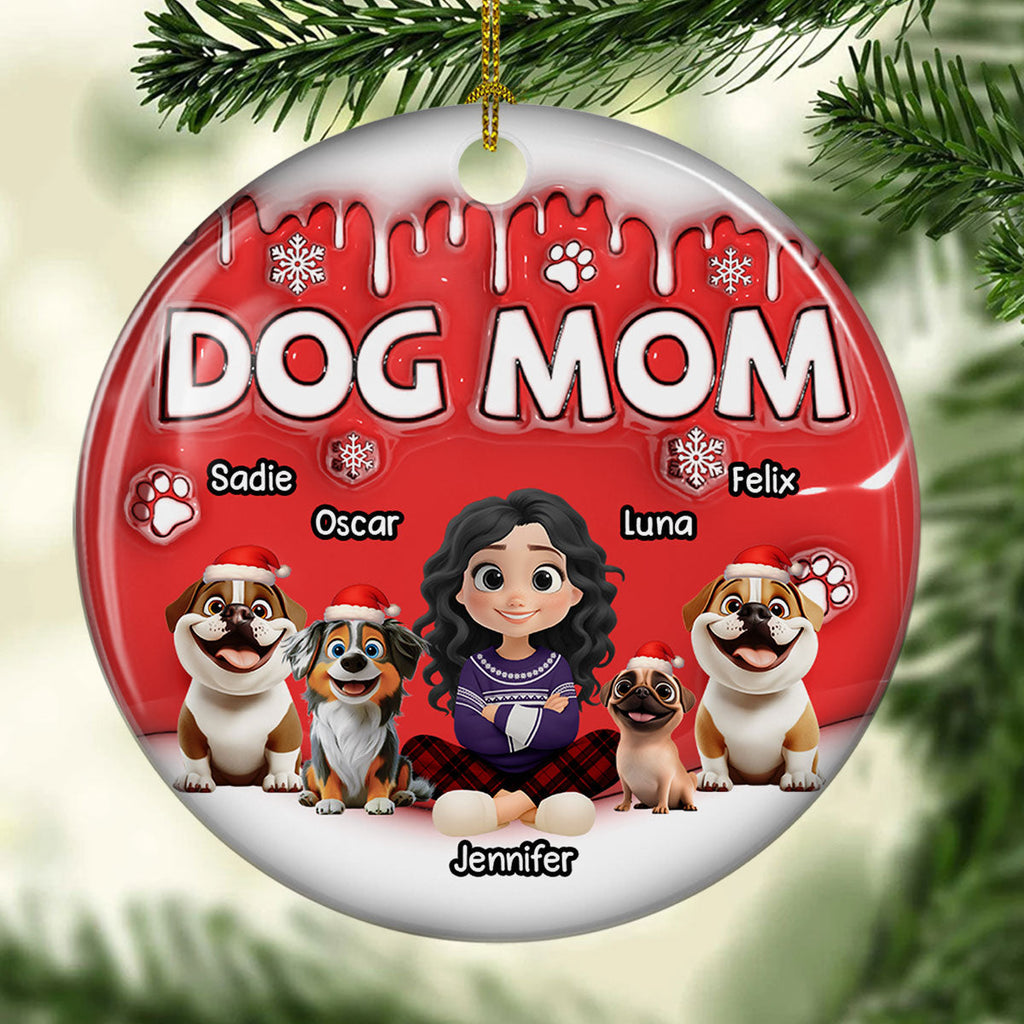 Custom Keepsake Christmas Ornament •  Dog Mom Cartoon In Christmas - Personalized 3D Inflated Effect Ceramic Ornament