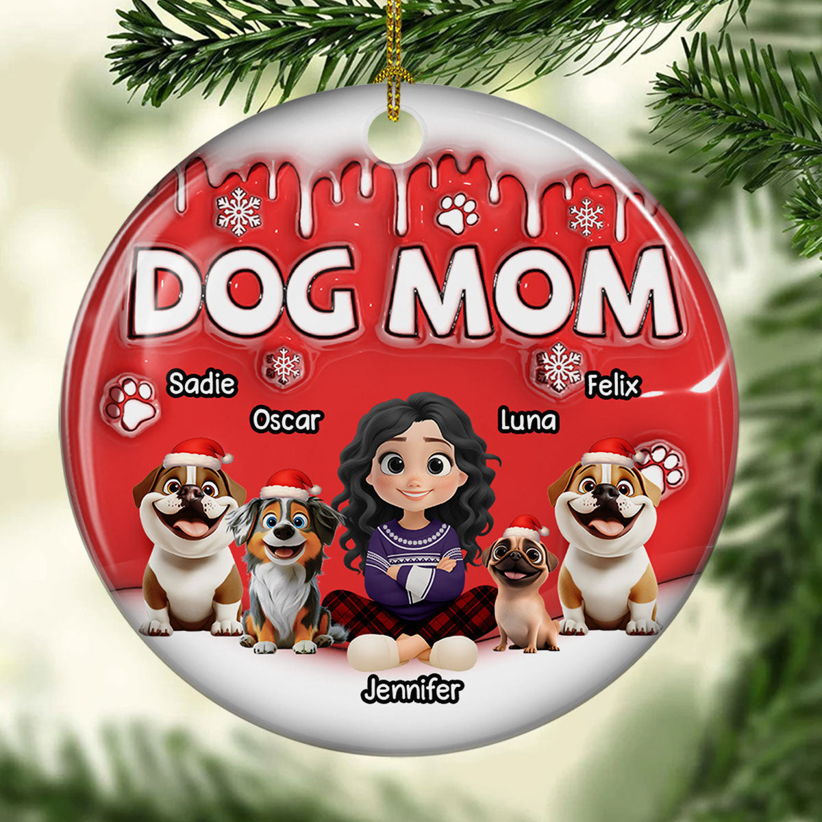 Custom Keepsake Christmas Ornament •  Dog Mom Cartoon In Christmas - Personalized 3D Inflated Effect Ceramic Ornament