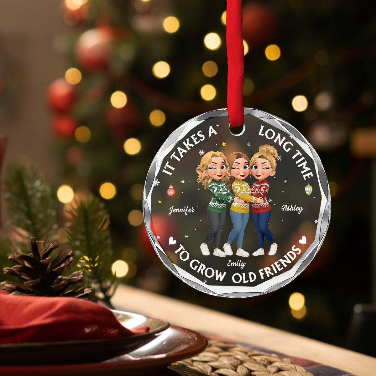 Custom Friendship Christmas Ornament, Best Friend Gift •  Good Friends Age Like Wine - Personalized Glass Ornament