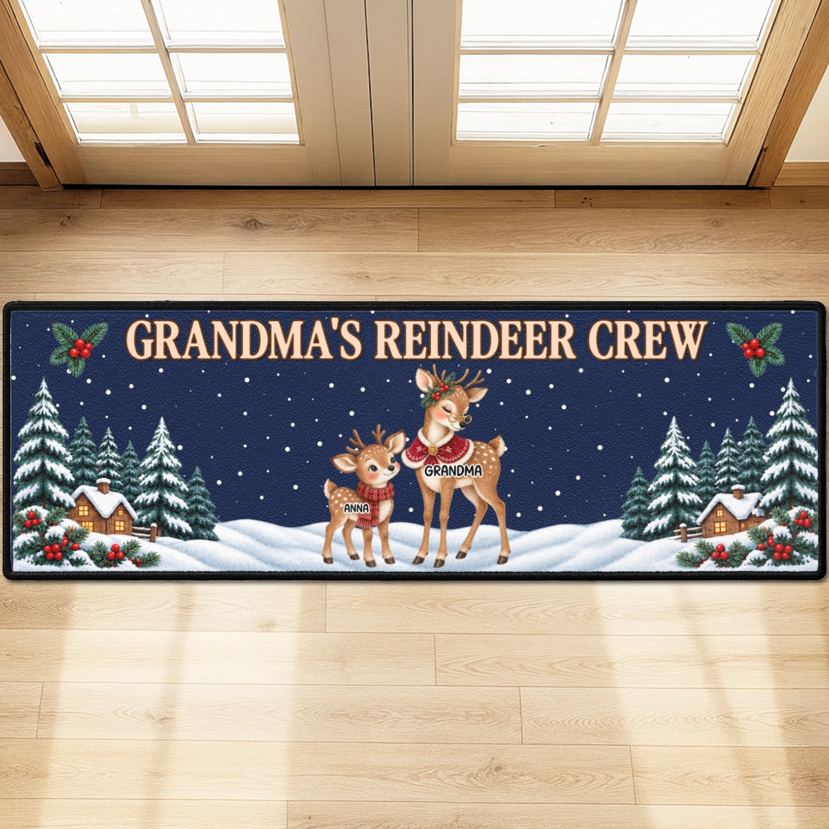 Custom Family Name Rug, Housewarming Birthday Gift For Family Members • Reindeer Winter Love - Personalized Runner Rug