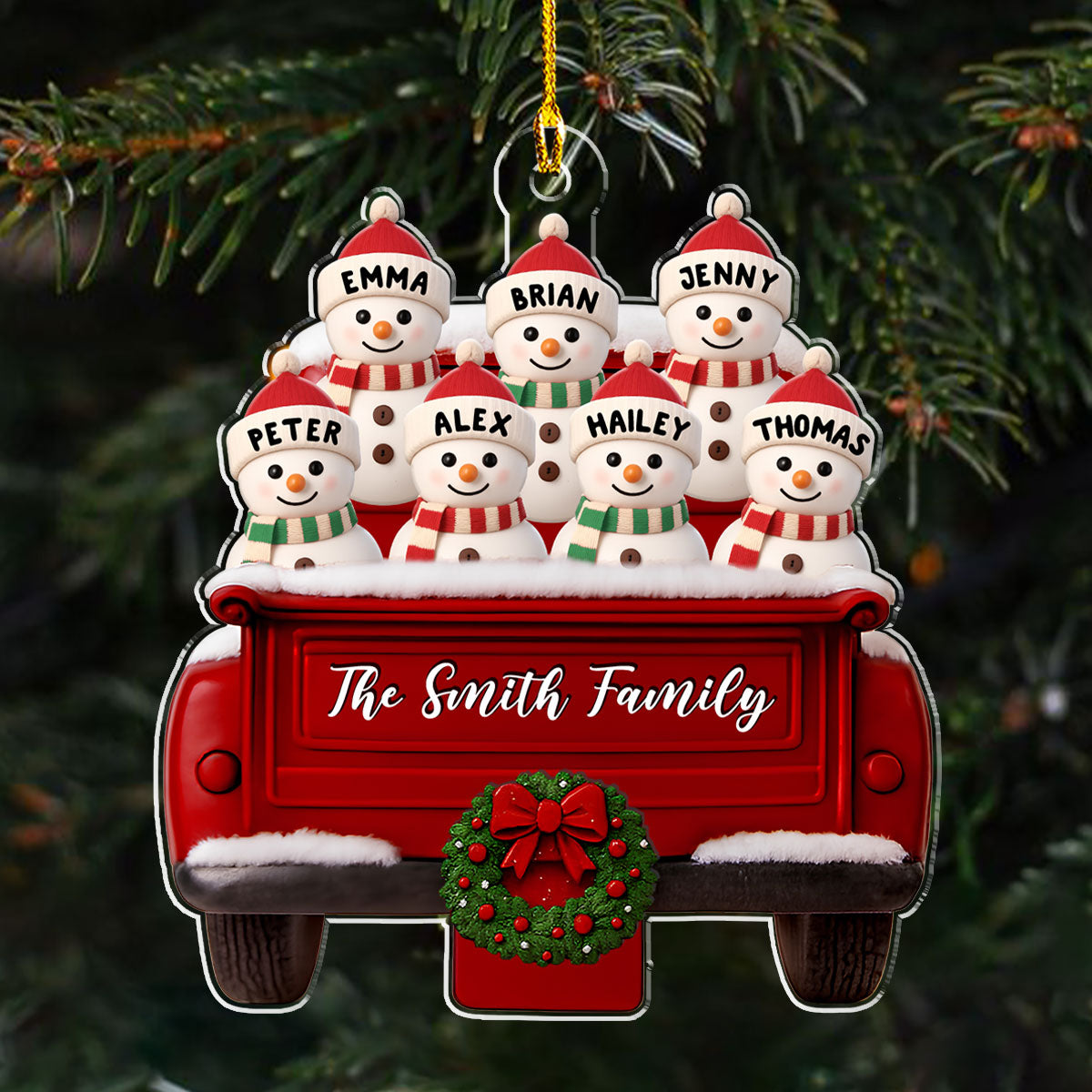 Custom Family Ornament, Christmas Gift for Family Members •  Red Truck Snowman Family - Personalized Acrylic Ornament