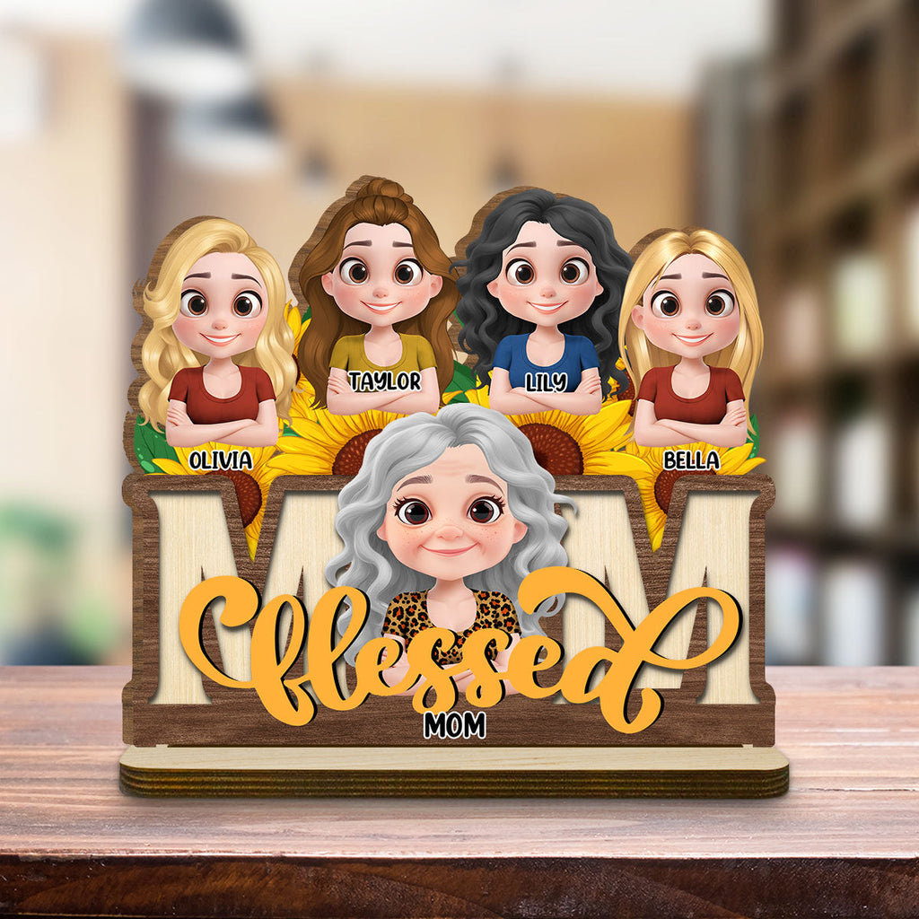 Custom Mother's Day Decor, Gift for Mom & Grandma • Blessed Mom - Personalized 2-Layer Wood Plaque With Flat Base