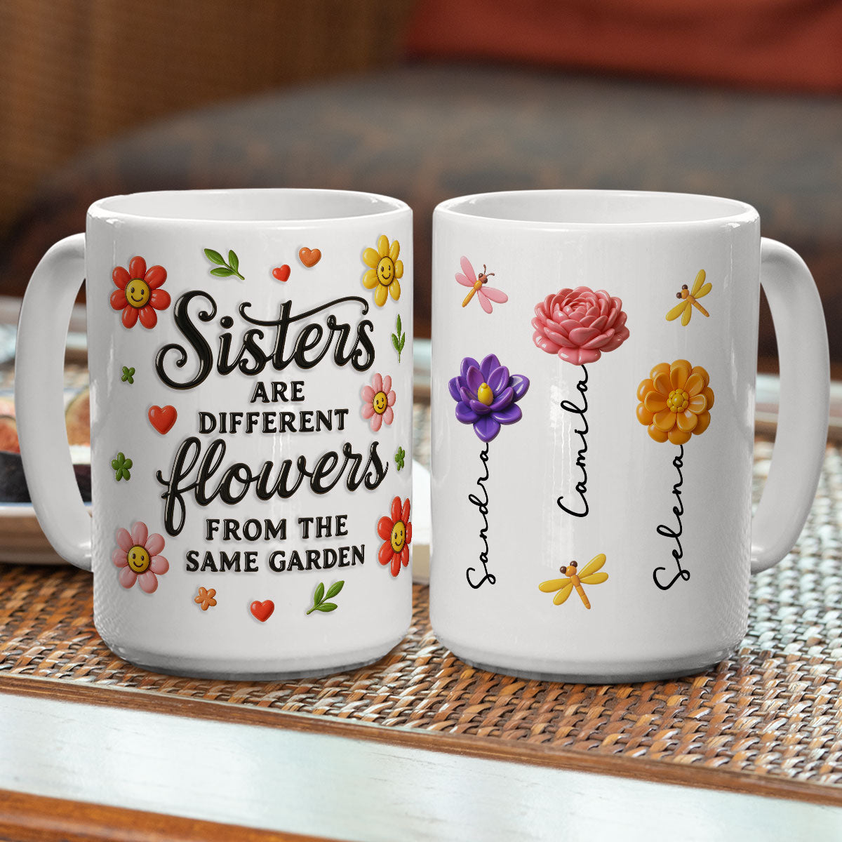 Custom Name & Birth Flower Birthday, Christmas Gift for Sister • Sisters Bloom With Unique Grace - Personalized 3D Inflated Effect Mug