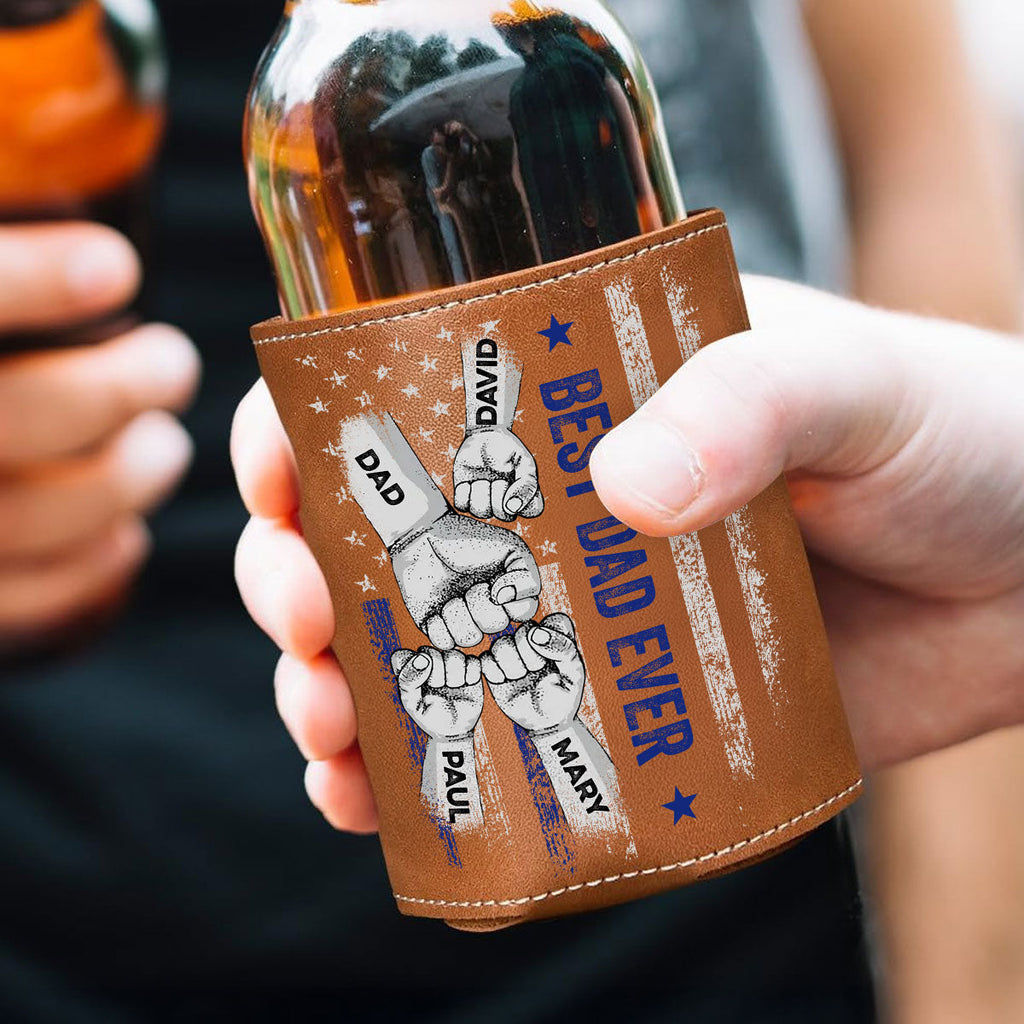 Best Bonus Dad Ever - Personalized Leather Can Cooler Holder