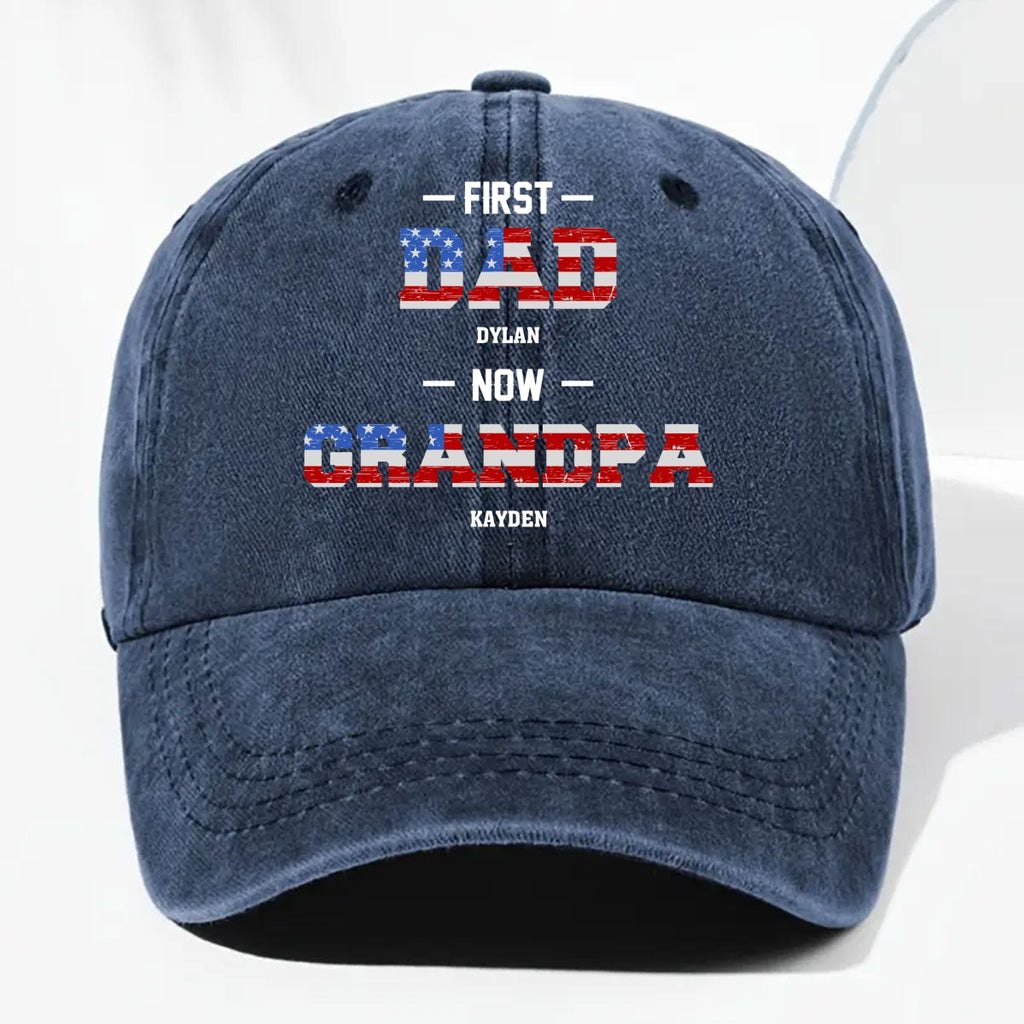 Custom Christmas Headwear Birthday Gifts for Grandpa • First Dad Now Papa - Personalized Vintage Washed Denim Cap