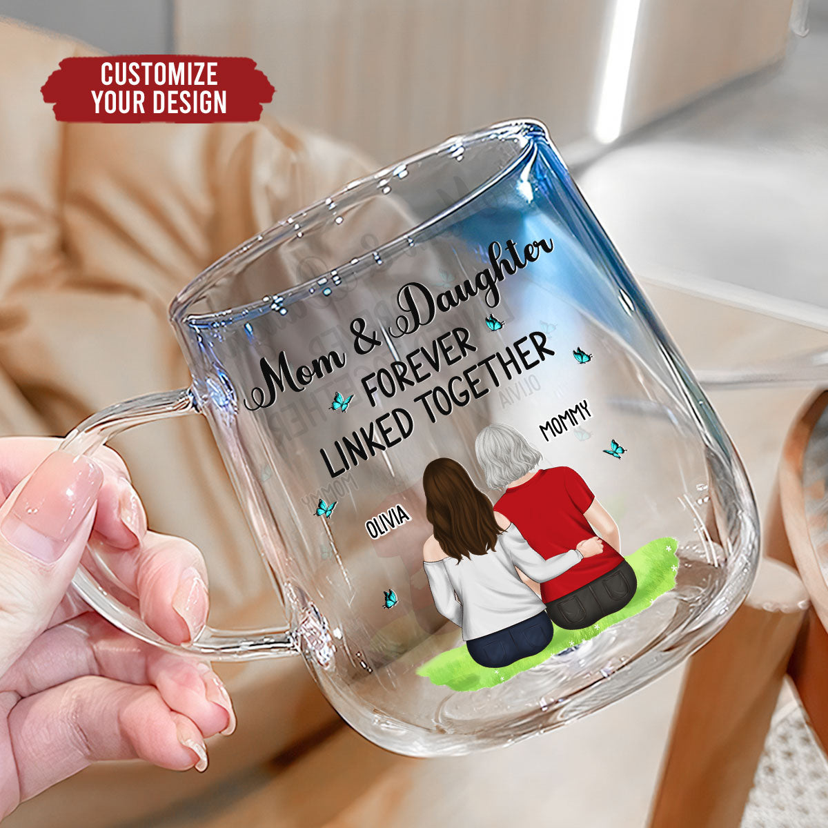 Custom Mother's Day Gift for Mom & Grandma • Mother And Daughter Linked Forever - Personalized Blue Gradient Glass Mug