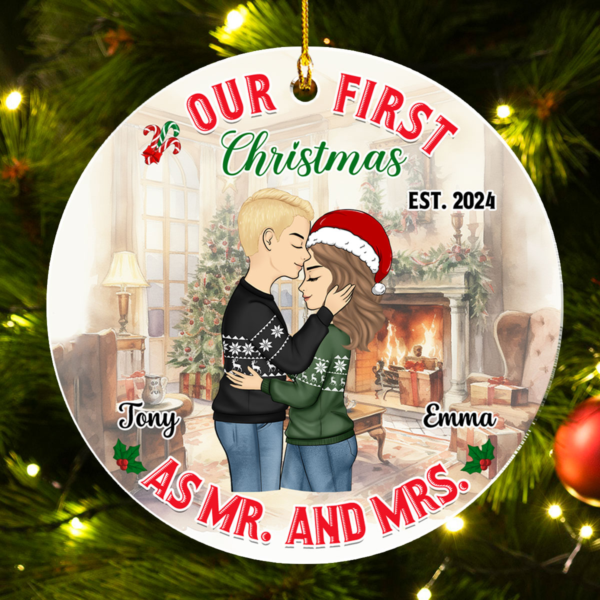 Custom First Christmas Ornament Married, Gift for Newlyweds •  Mr And Mrs - Personalized Acrylic Ornament