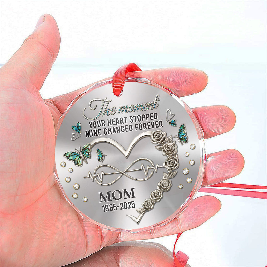 Custom Memorial Christmas Ornament, Sympathy Keepsake •  Your Heart Stopped Mine Changed Forever - Personalized Glass Ornament