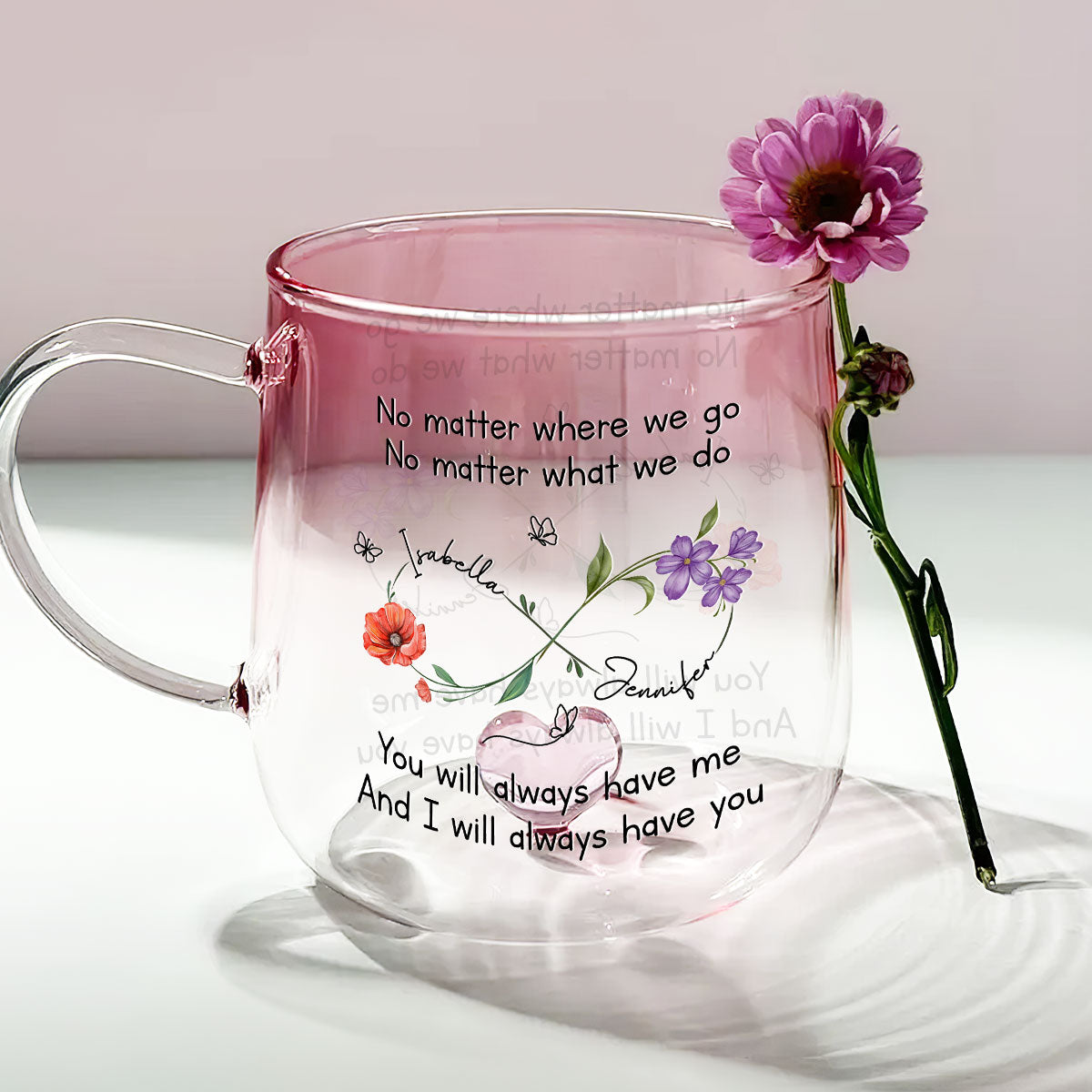 Custom Best Friend, Christmas & Birthday Friendship Keepsake Gift • Bestie Always Beside You - Personalized Pink Gradient Glass Mug