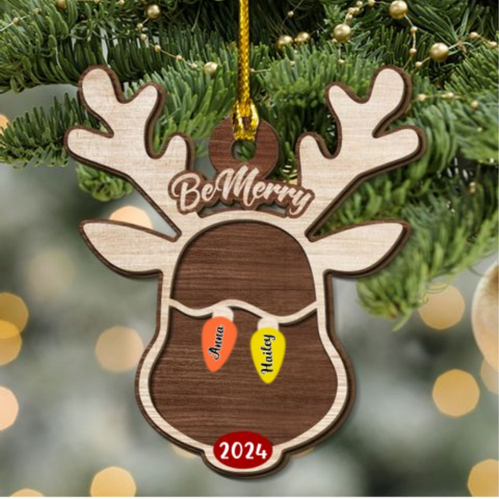 Custom Family Ornament, Christmas Gift for Family Members •  Reindeer Christmas Family Light - Personalized 2-Layered Wood Ornament