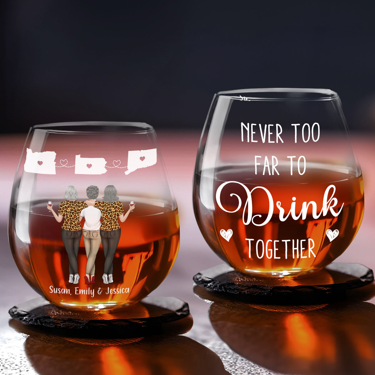 Never Too Far To Drink Wine Together - Personalized Wine Glass