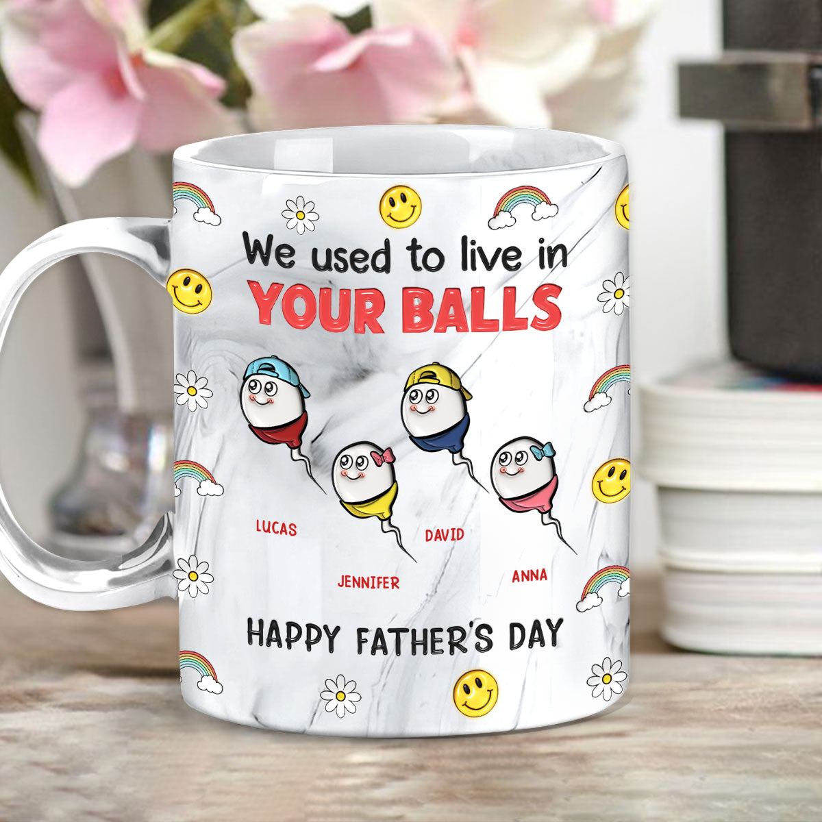 Custom Father's Day, Special Gift for Dad & Grandpa • We Used To Live In Your Balls - Personalized Grey Marble Mug