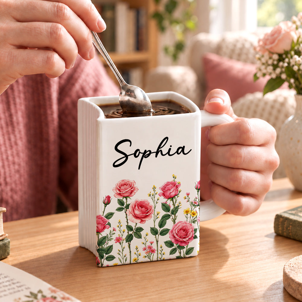 Custom Birth Flower & Name For Friends, Book Lovers, Bookworms, Readers • A Cozy Cup For Readers - Personalized Book Shaped Mug