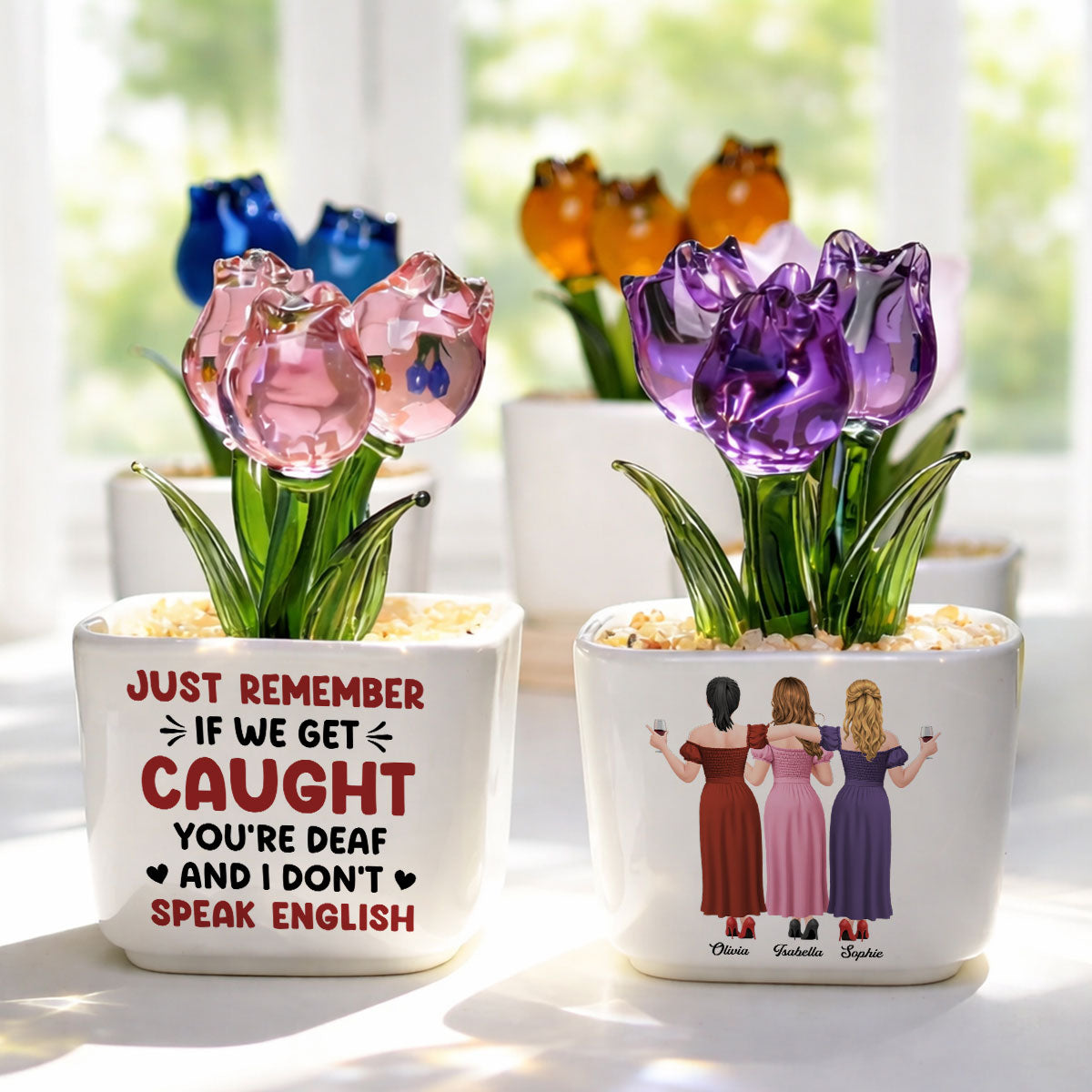 Custom Flower Keepsake, Glass Home Decor Gift for Best Friend • Get Caught - Personalized Glass Everlasting Tulips