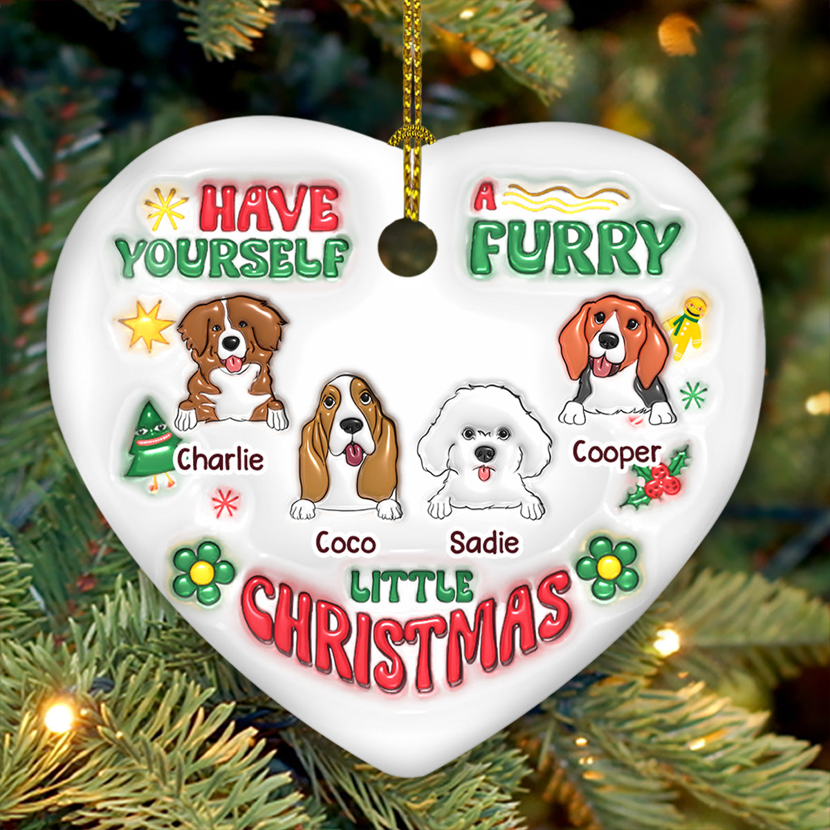Custom Keepsake Christmas Ornament •  Have Yourself A Furry Little Christmas - Personalized 3D Inflated Effect Heart Ceramic Ornament