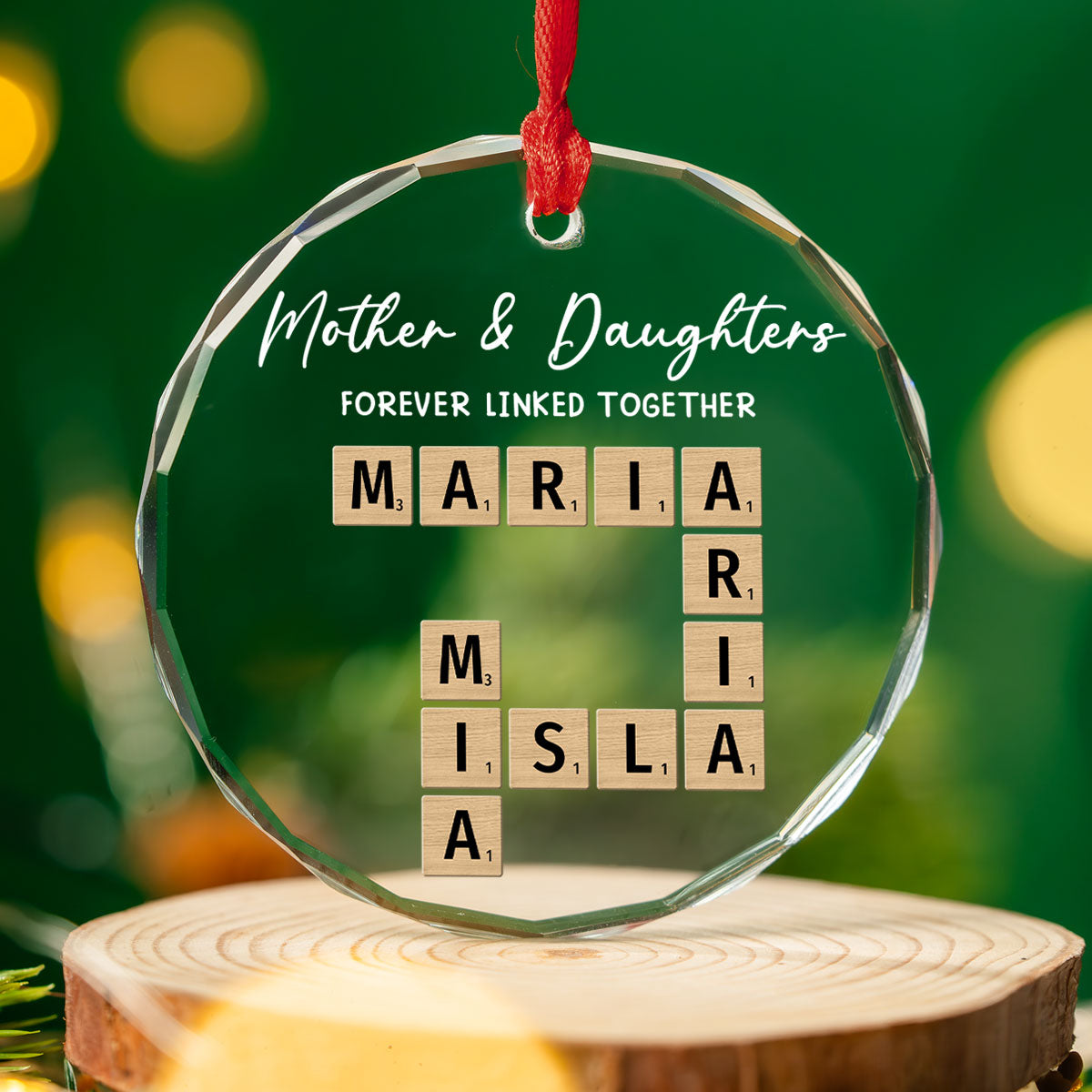 Custom Family Ornament, Christmas Gift for Family Members •  Mother With Daughters Hearts Stay United - Personalized Glass Ornament