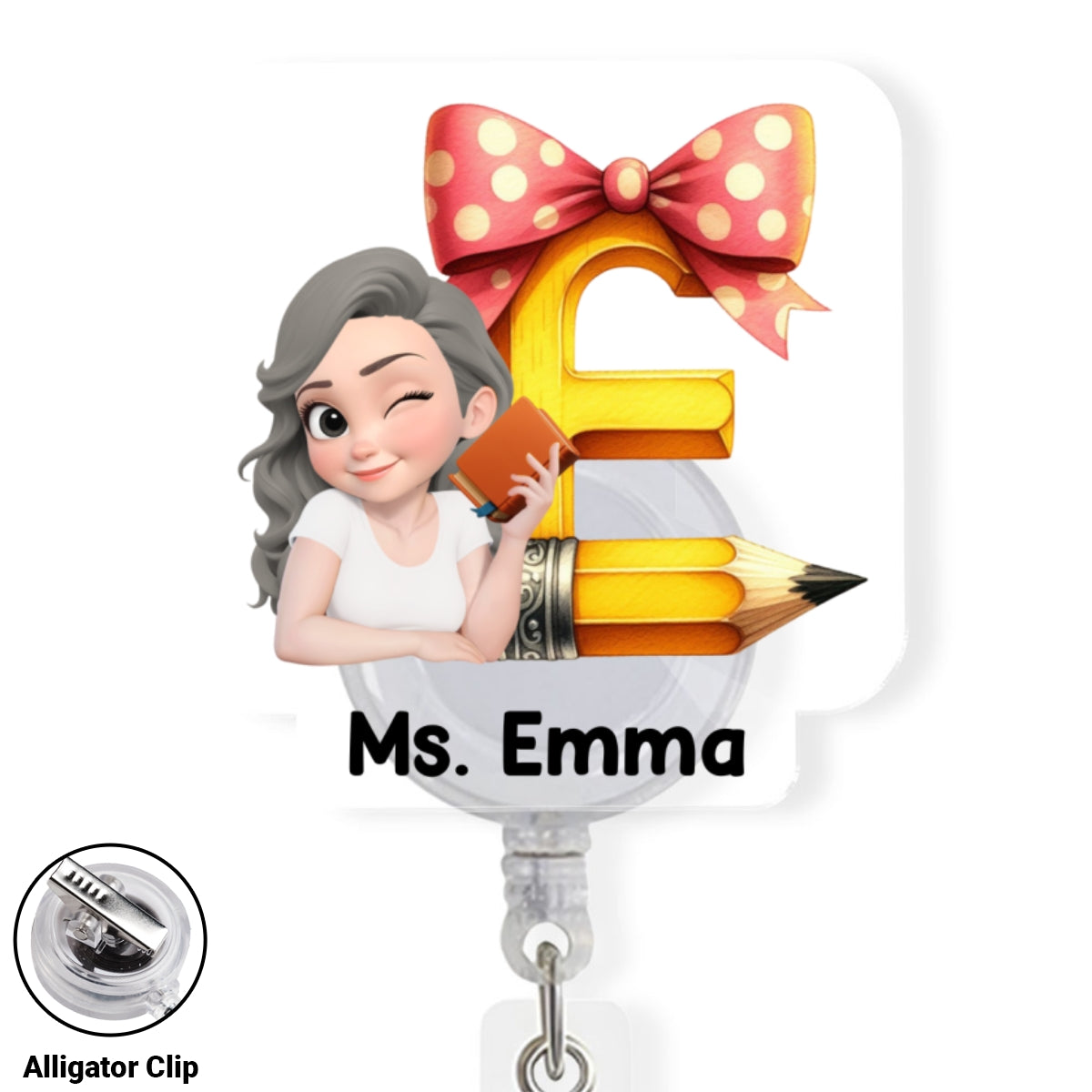 Custom Teacher Character ID Holder, Back To School Gift • Alphabet Cartoonize - Personalized Acrylic Badge Reel