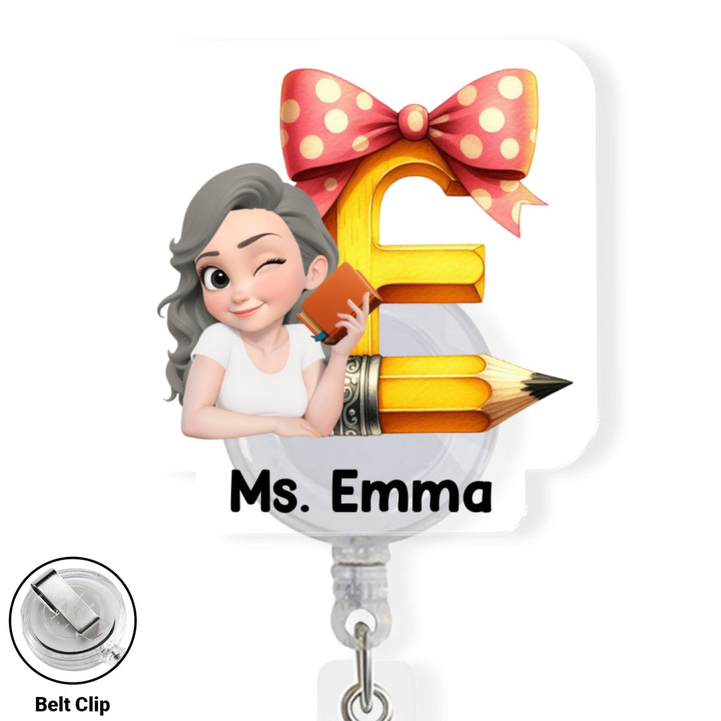 Custom Teacher Character ID Holder, Back To School Gift • Alphabet Cartoonize - Personalized Acrylic Badge Reel
