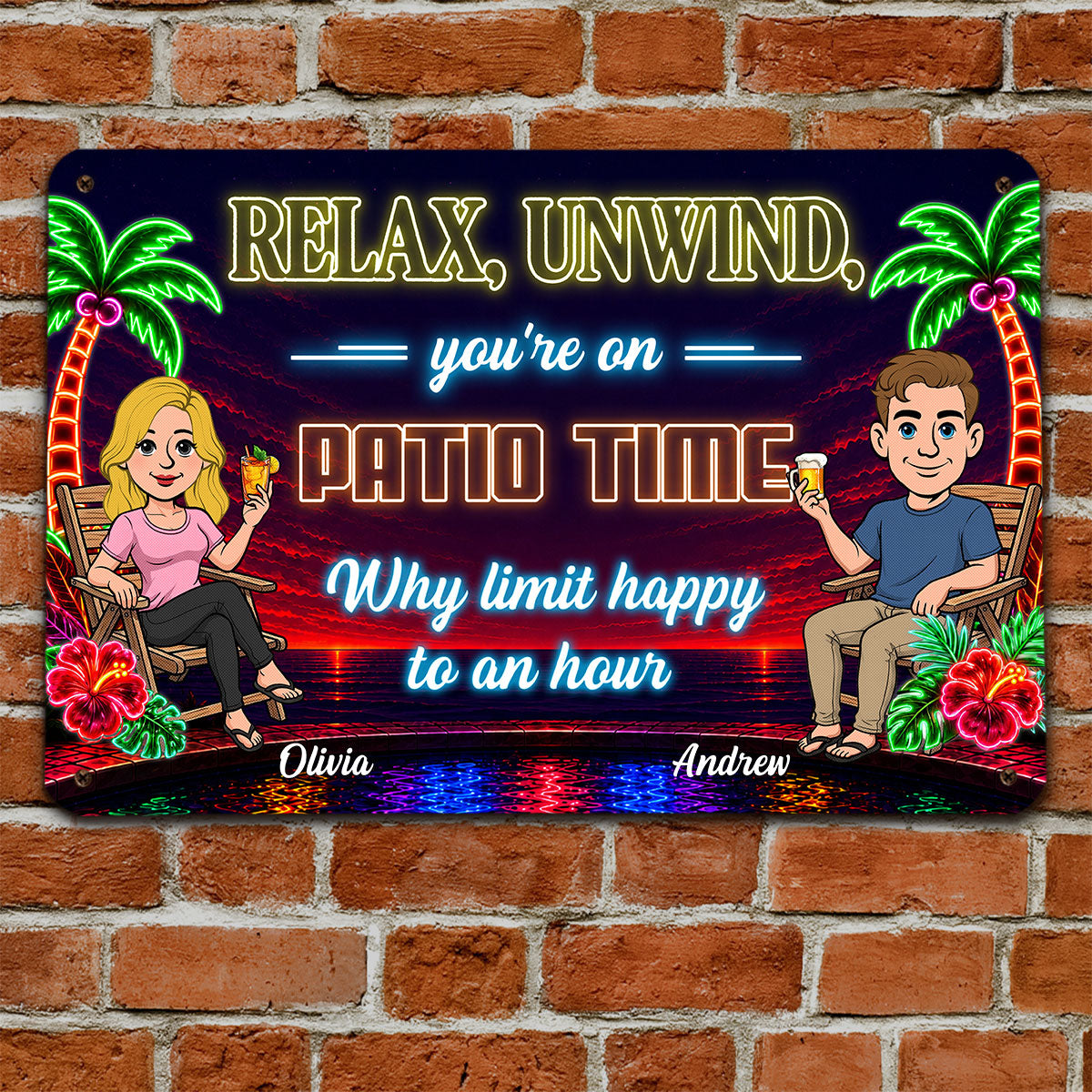 Custom Family Summer Backyard, Patio & Porch Decor • Every Hour Is Happy Hour - Personalized Metal Sign