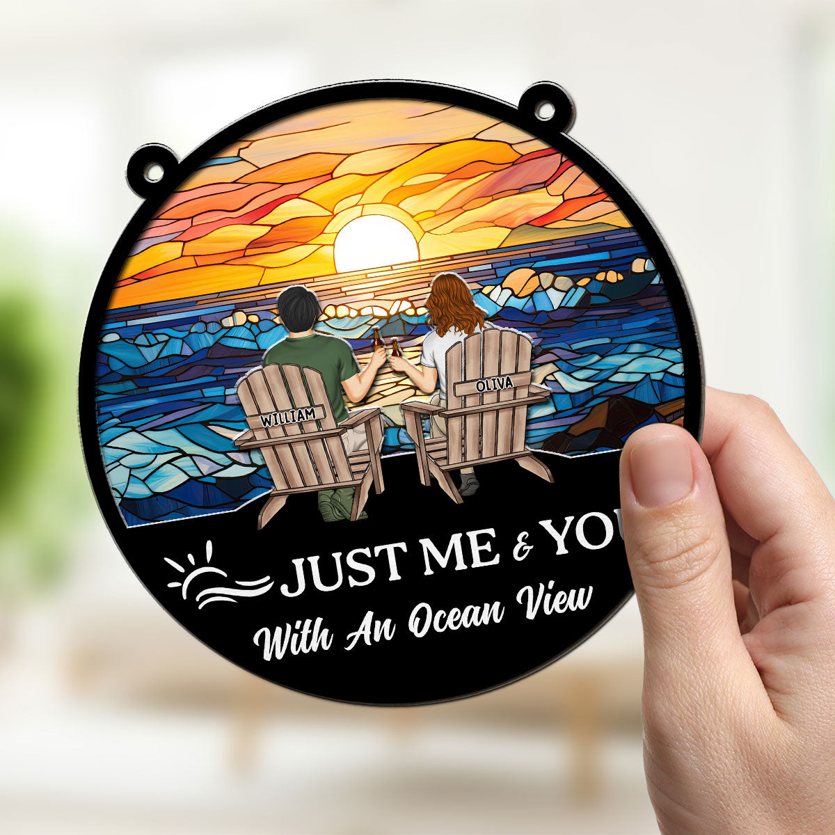 Custom Couple Hanging Decor, Anniversary Valentine's Day Gifts • Just Me & You With An Ocean View - Personalized Suncatcher