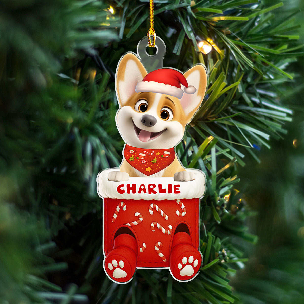 Custom Keepsake Christmas Ornament •  Funny Dog In Stocking - Personalized Acrylic Ornament