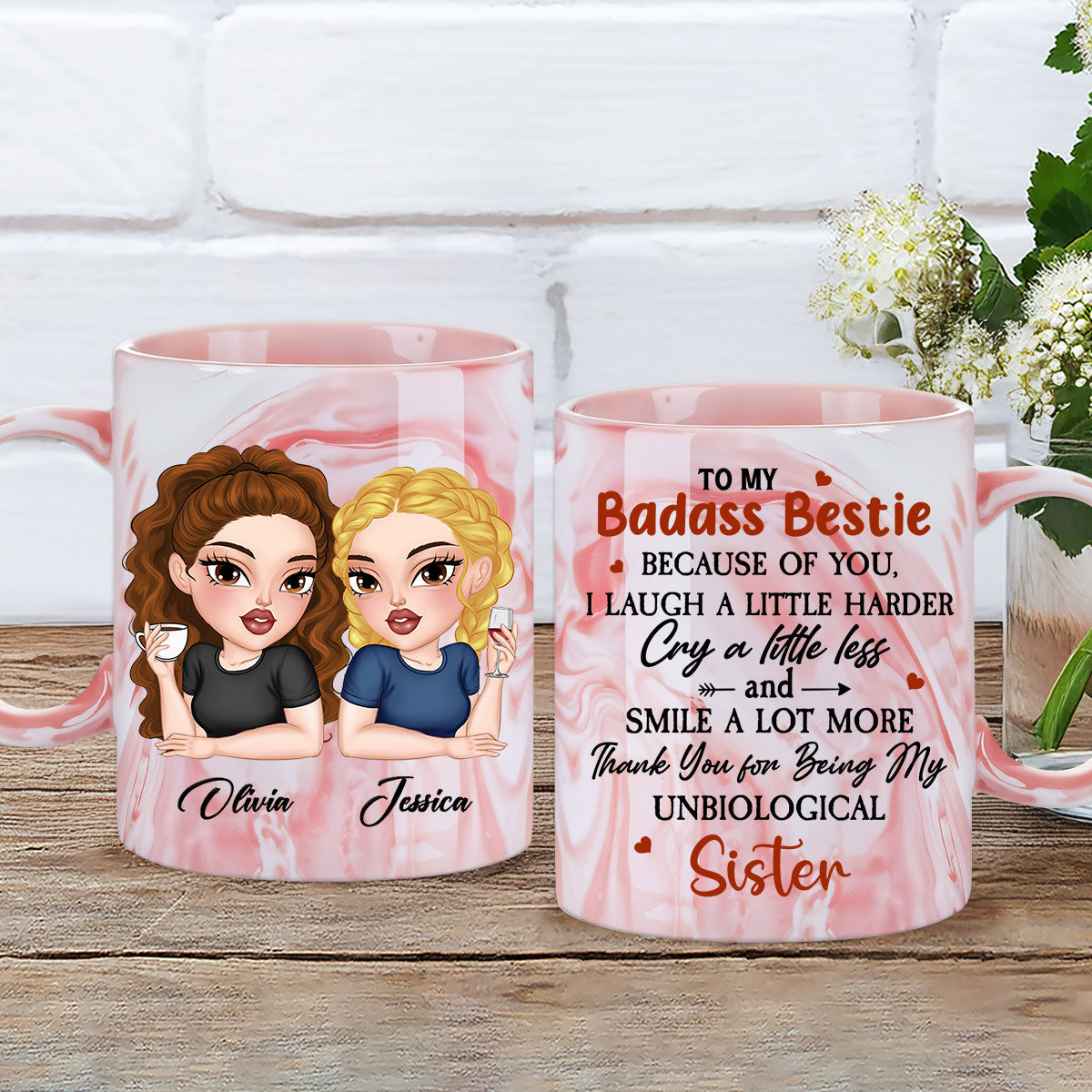 Custom Best Friend, Christmas & Birthday Friendship Keepsake Gift • To My Badass Bestie - Personalized Pink Marble Mug