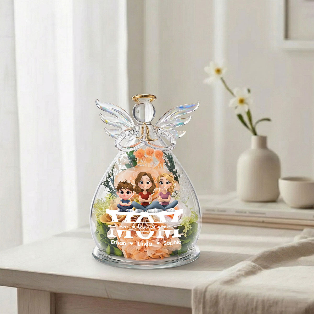We Love You Mom - Personalized Glass Angel Figurines Fresh Flowers