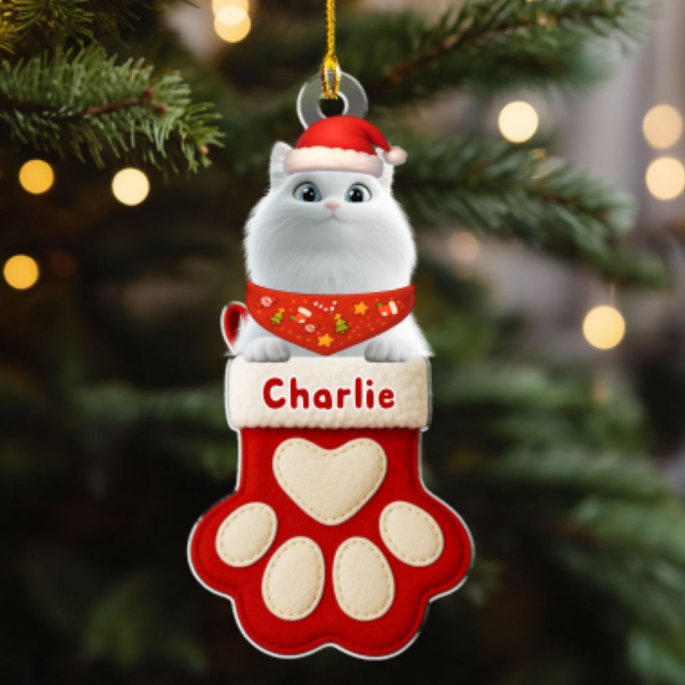 Custom Keepsake Christmas Ornament •  Cat Love In Stocking - Personalized Acrylic Ornament