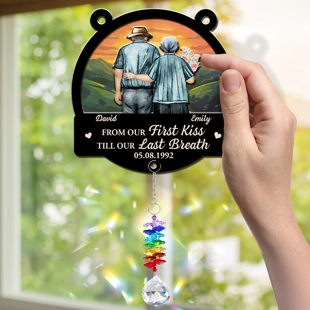 Custom Couple Hanging Decor, Anniversary Valentine's Day Gifts • From Our First Kiss - Personalized Suncatcher With Crystal Rainbow Charm