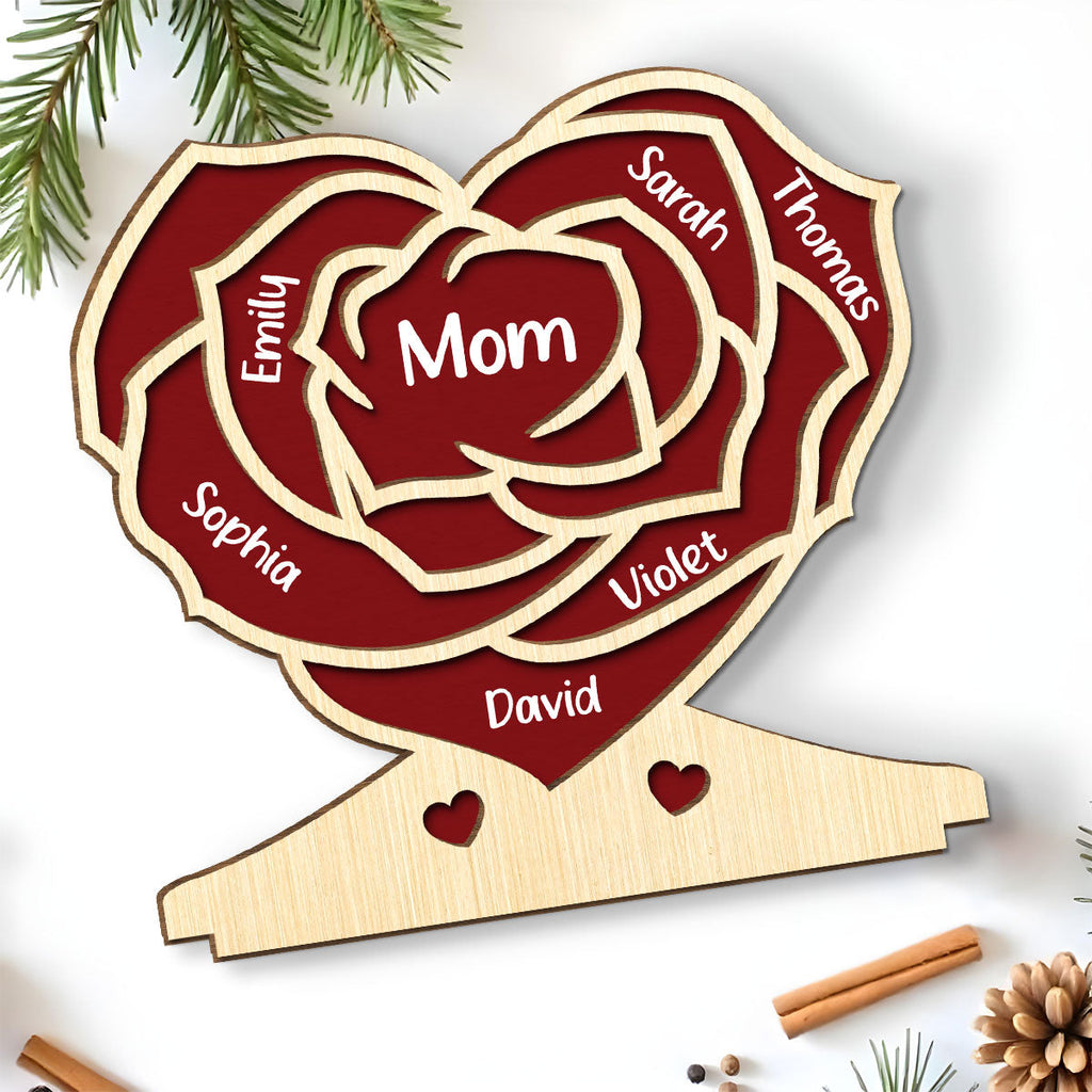 Custom Mother's Day Decor, Gift for Mom & Grandma • Family Flower - Personalized 2-Layer Wood Plaque With Flat Base