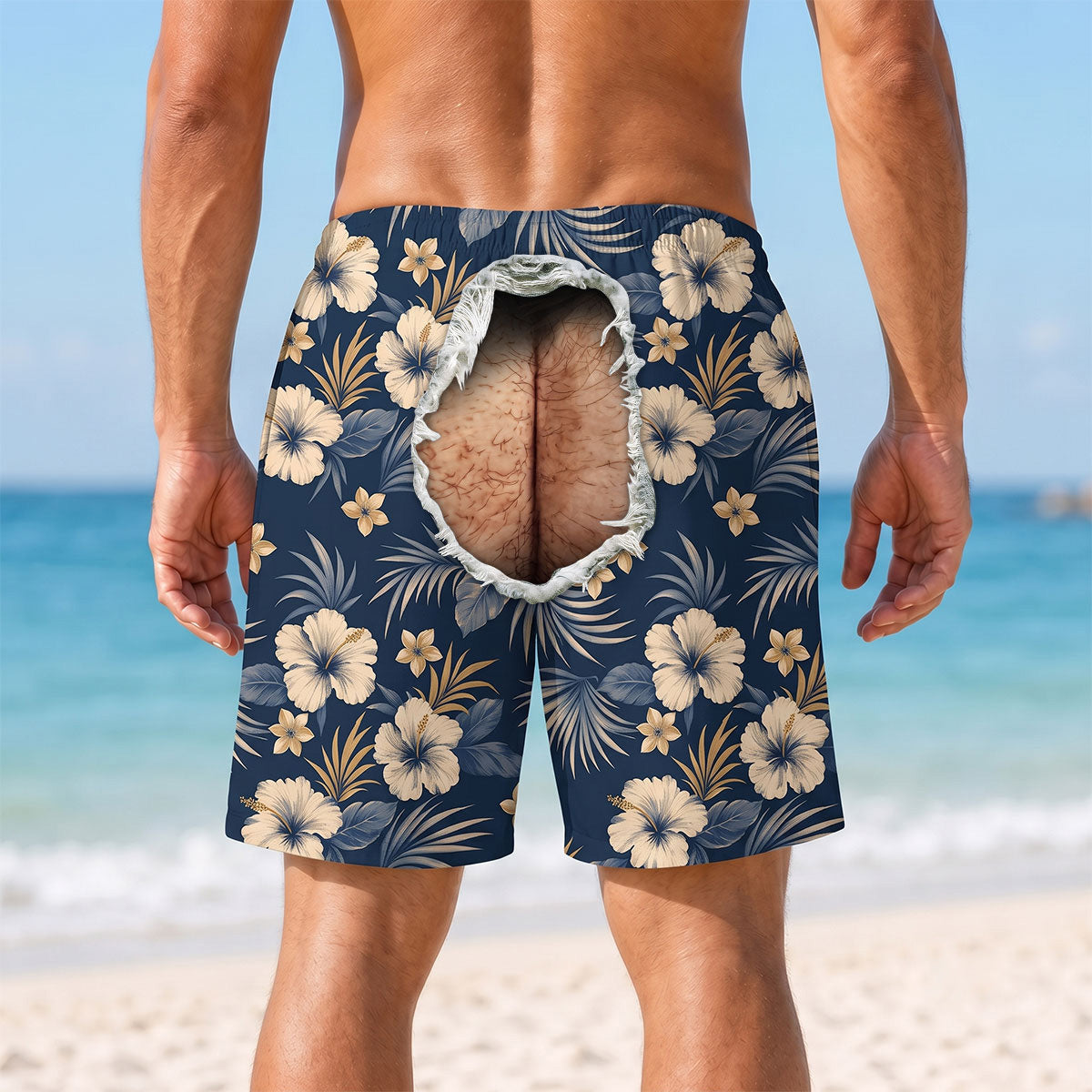 Custom Funny Hairy Man Swim Trunks, Birthday Summer Gift • Butt Crack Beach - Personalized Beach Shorts
