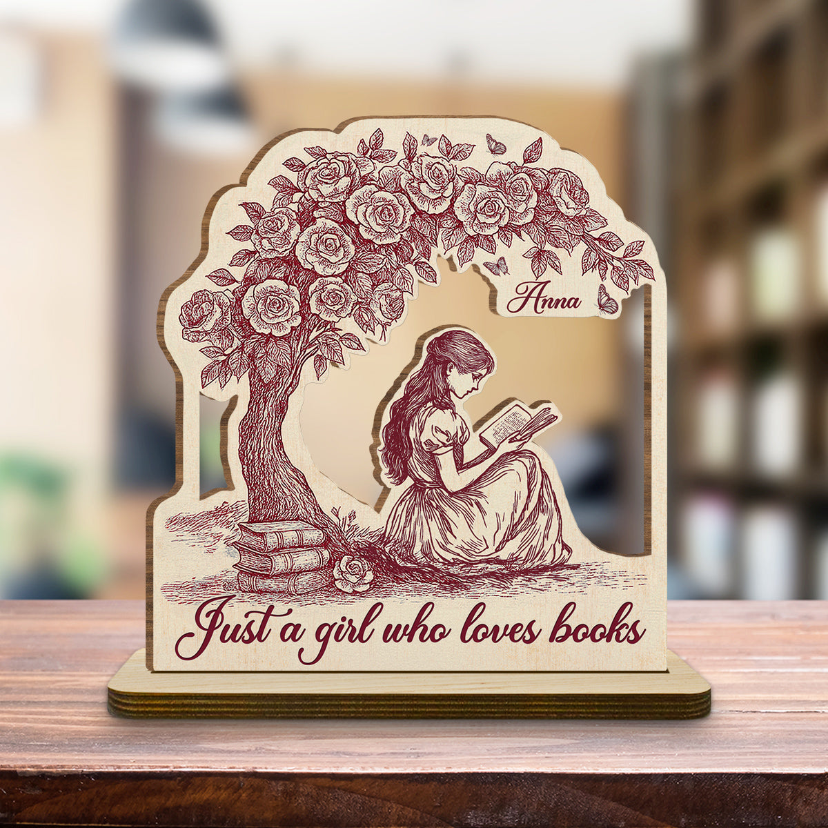 Custom Christmas Book Nook Decor For Bookworms, Book Lovers, Readers • Just A Girl Loves Book - Personalized 2-Layer Wood Plaque With Flat Base