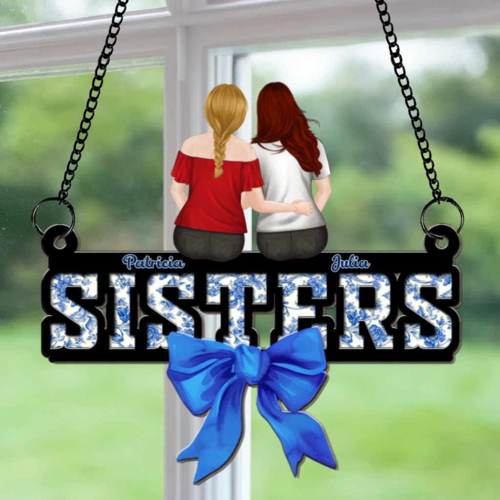 Custom Best Friend Hanging Decor, Friendship Birthday Gifts • Bestie Blue Toile - Personalized Suncatcher