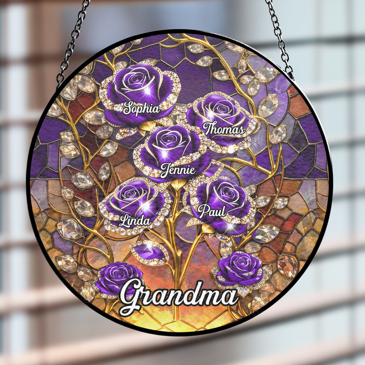 Custom Name Grandma Hanging Decor, Mother's Day Birthday Gifts • Rose Flower Grandma - Personalized Window Hanging Suncatcher