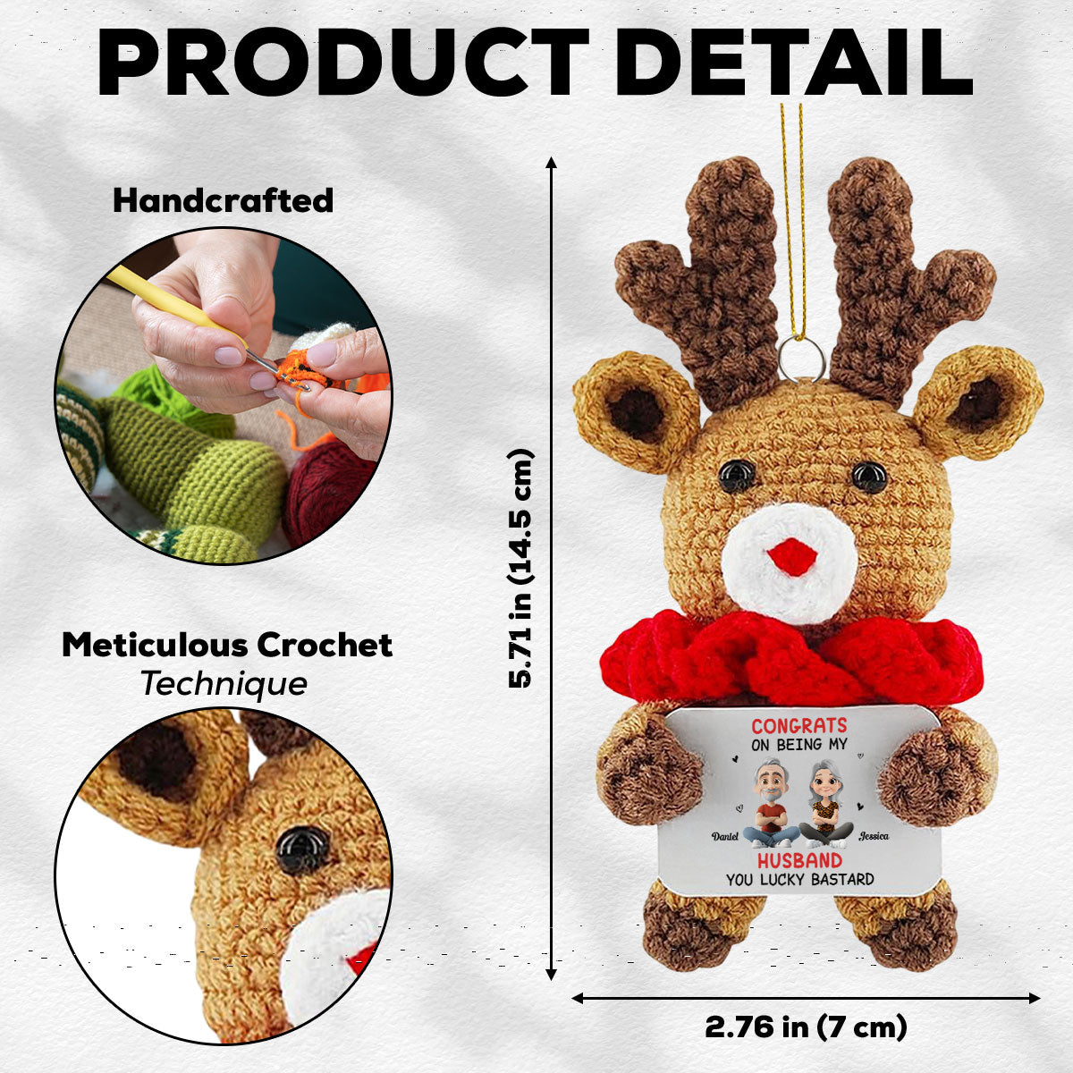 Custom Couple Christmas Ornament, Anniversary Gift •  Congrats My Husband - Personalized Deer Crocheted Ornament