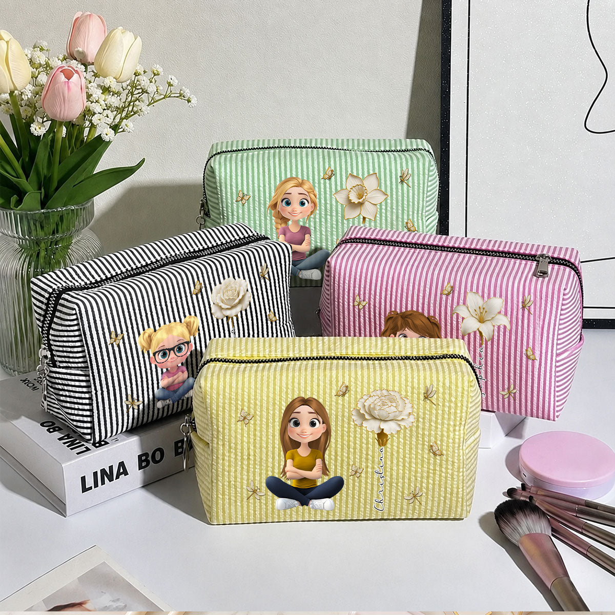 Custom Birth Flower, Name Birthday Gift For Her, Friends, Daughter • Floral Soul - Personalized Seersucker Print Makeup Bag
