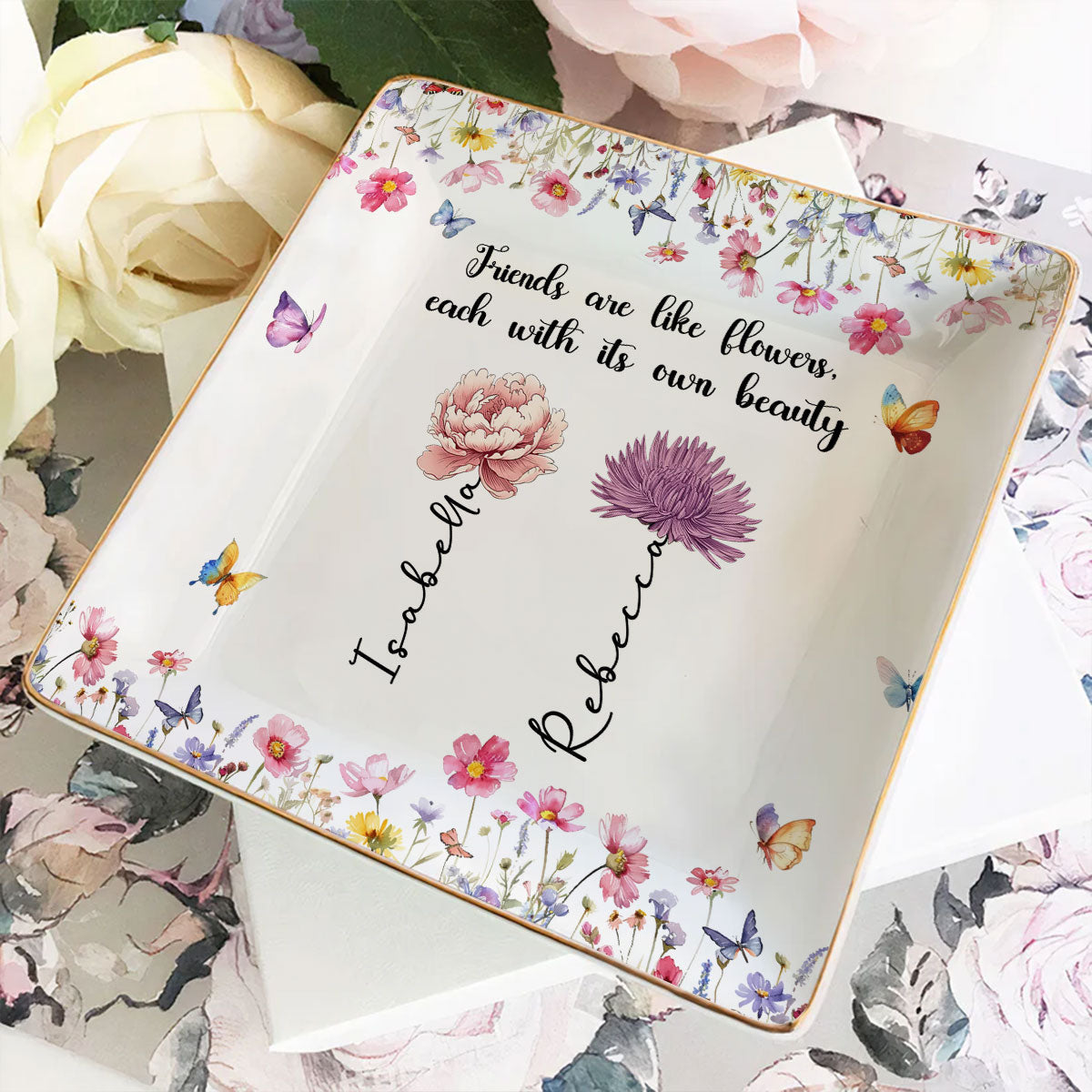 Custom Bestie Trinket Dish, Birthday Christmas Gift For Best Friend • Friends Are Blossoms In Life - Personalized Jewelry Dish