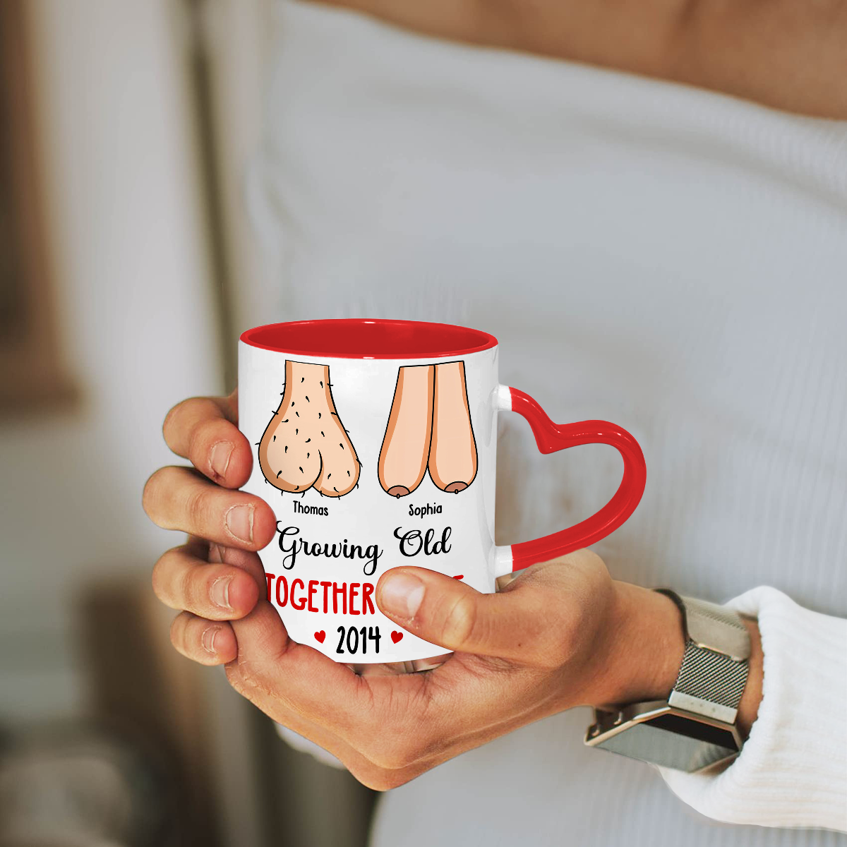 Custom Anniversary Keepsake Gifts For Couple • Grow Old With You - Personalized Heart Handle Mug