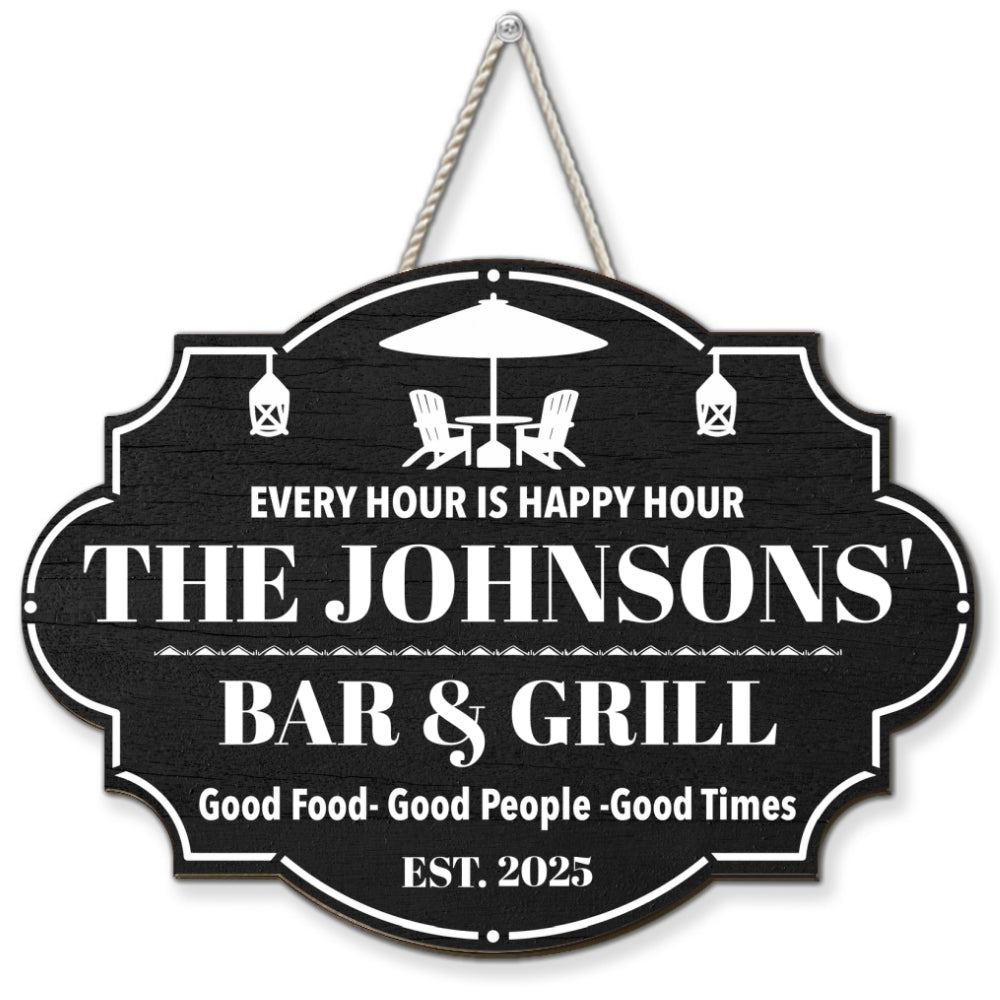 Custom Family Summer Backyard, Patio & Porch Decor • Happy Hour - Personalized Wood Sign