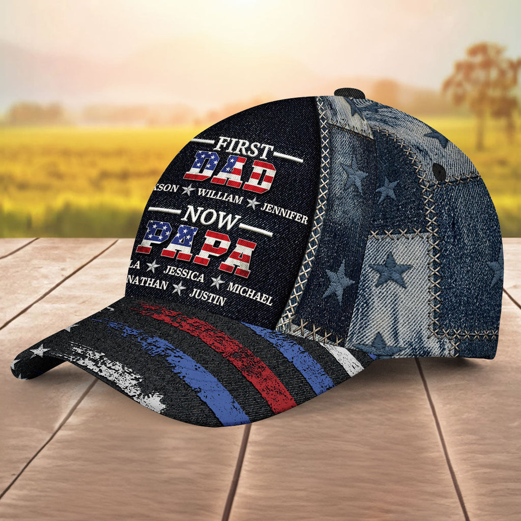 First Dad Now Papa American Flag - Personalized Classic Cap