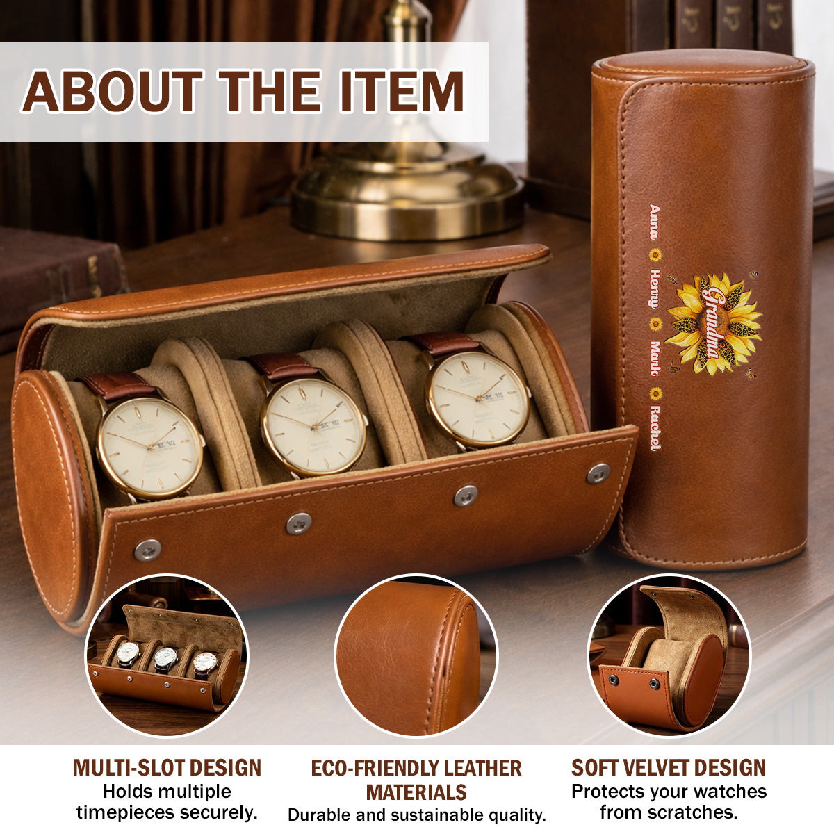 Where Grandma Sunflower Blooms - Personalized Leather Watch Case