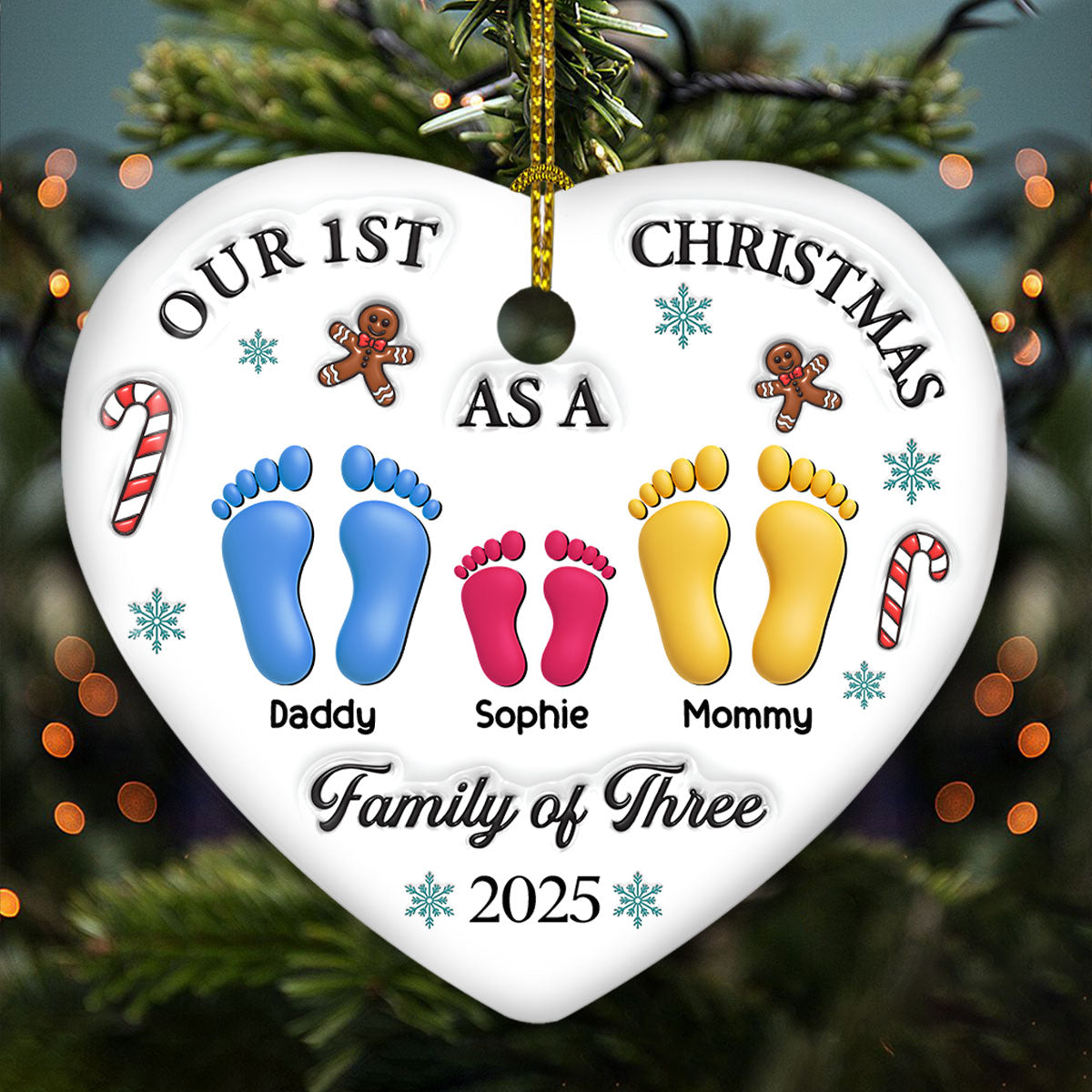 Custom Family First Christmas Ornament • Our First Christmas - Personalized 3D Effect Heart Ceramic Ornament
