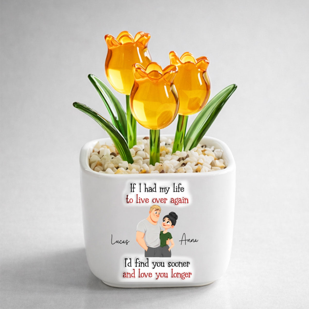 Custom Glass Flower Keepsake, Romantic Anniversary Gift for Wife • Love You So Much - Personalized 3D Inflated Effect Glass Everlasting Tulips