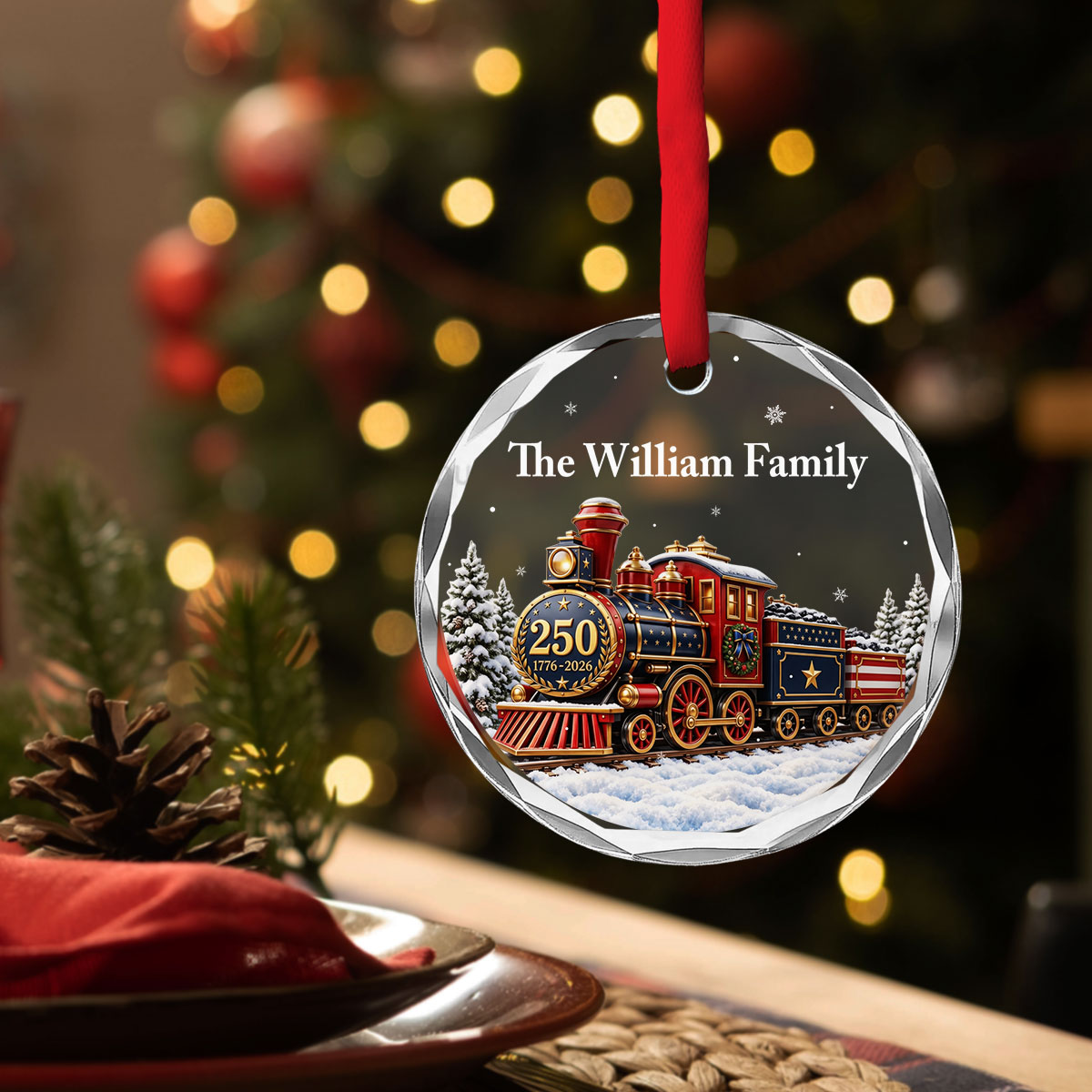 Custom Family Ornament, Christmas Gift for Family Members •  250th Christmas Train - Personalized Glass Ornament