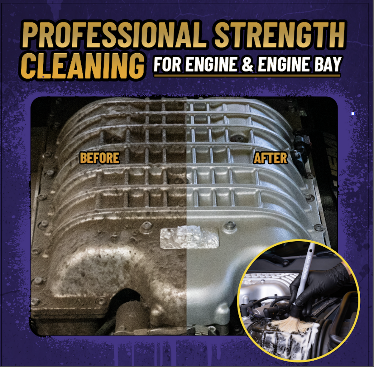 Grime Reaper Engine Degreaser professional strength cleaning for engine and engine bay - before and after result on greasy engine part