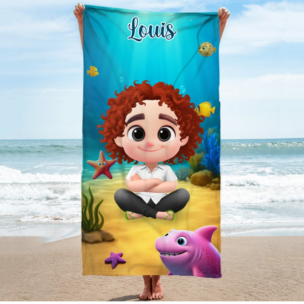 Cartoon Kid Character Marine - Personalized Beach Towel