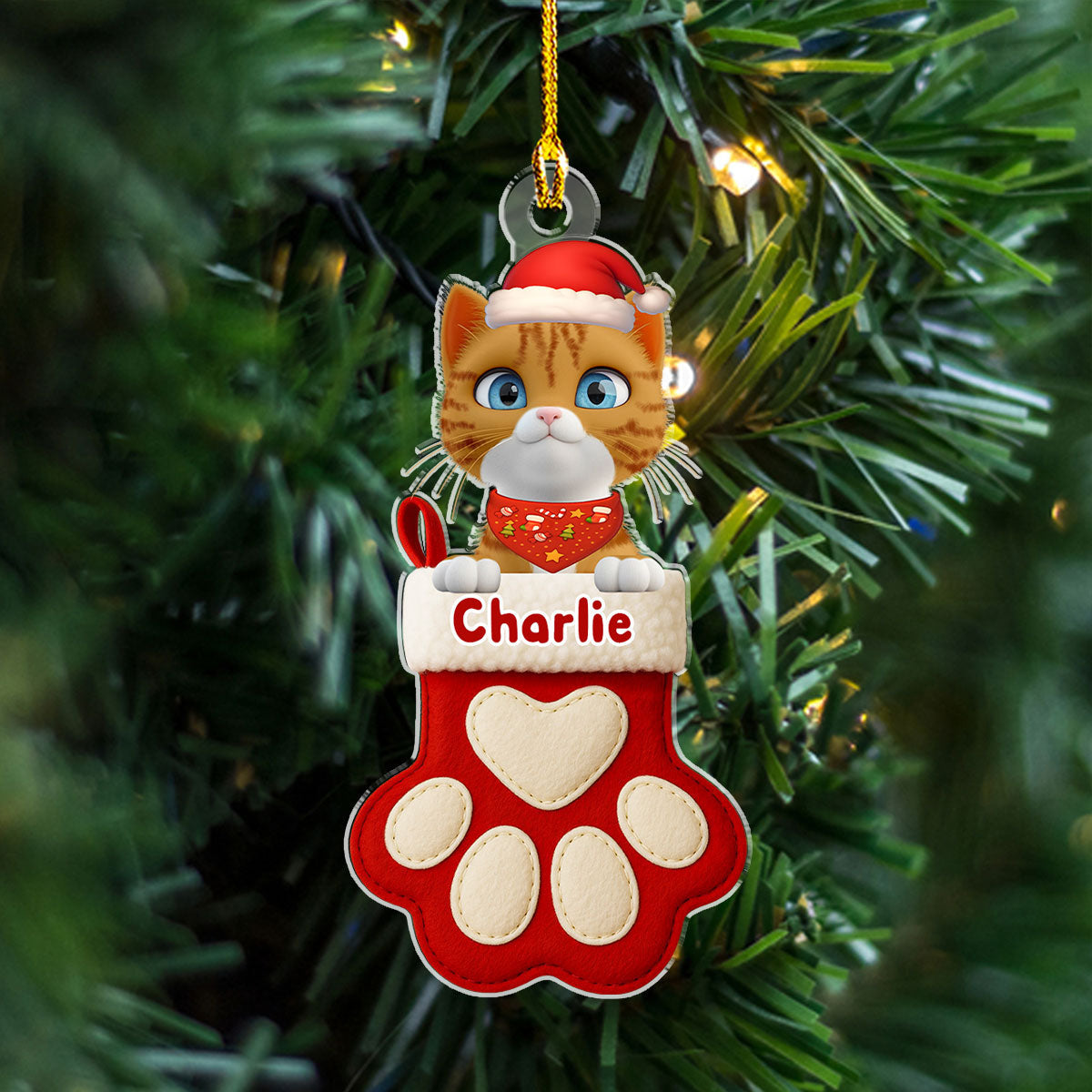 Custom Keepsake Christmas Ornament •  Cat Love In Stocking - Personalized Acrylic Ornament