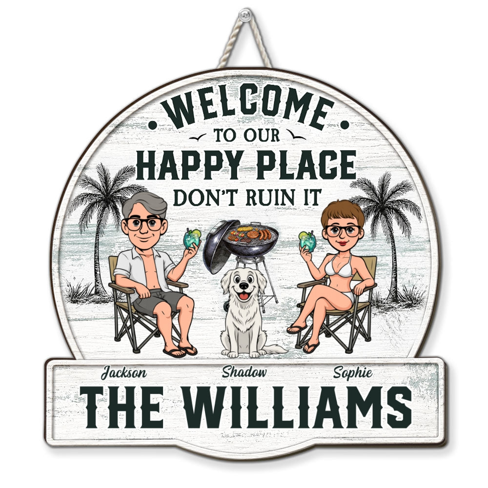 Custom Family Summer Backyard, Patio & Porch Decor • Happiness Happens Right Here - Personalized Wood Sign